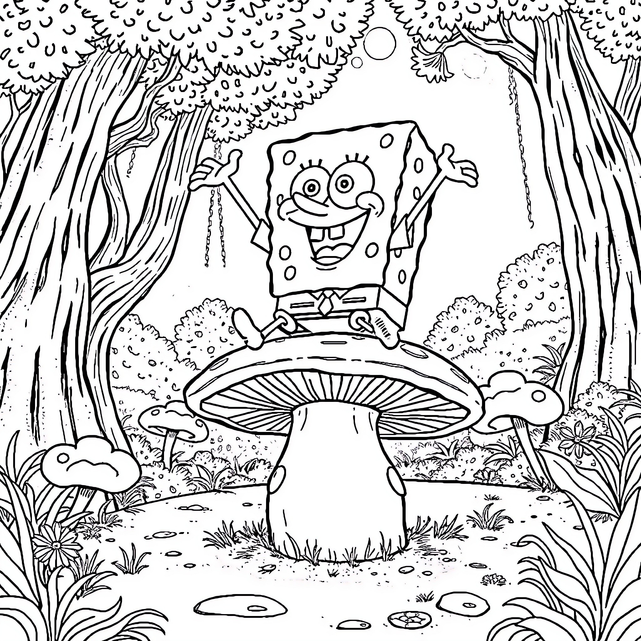 Spongebob enjoying a whimsical mushroom forest adventure Coloring Page (free black-and-white line drawing printable PDF for all, from beginners to advanced learners, including children, teens, adults, and seniors)