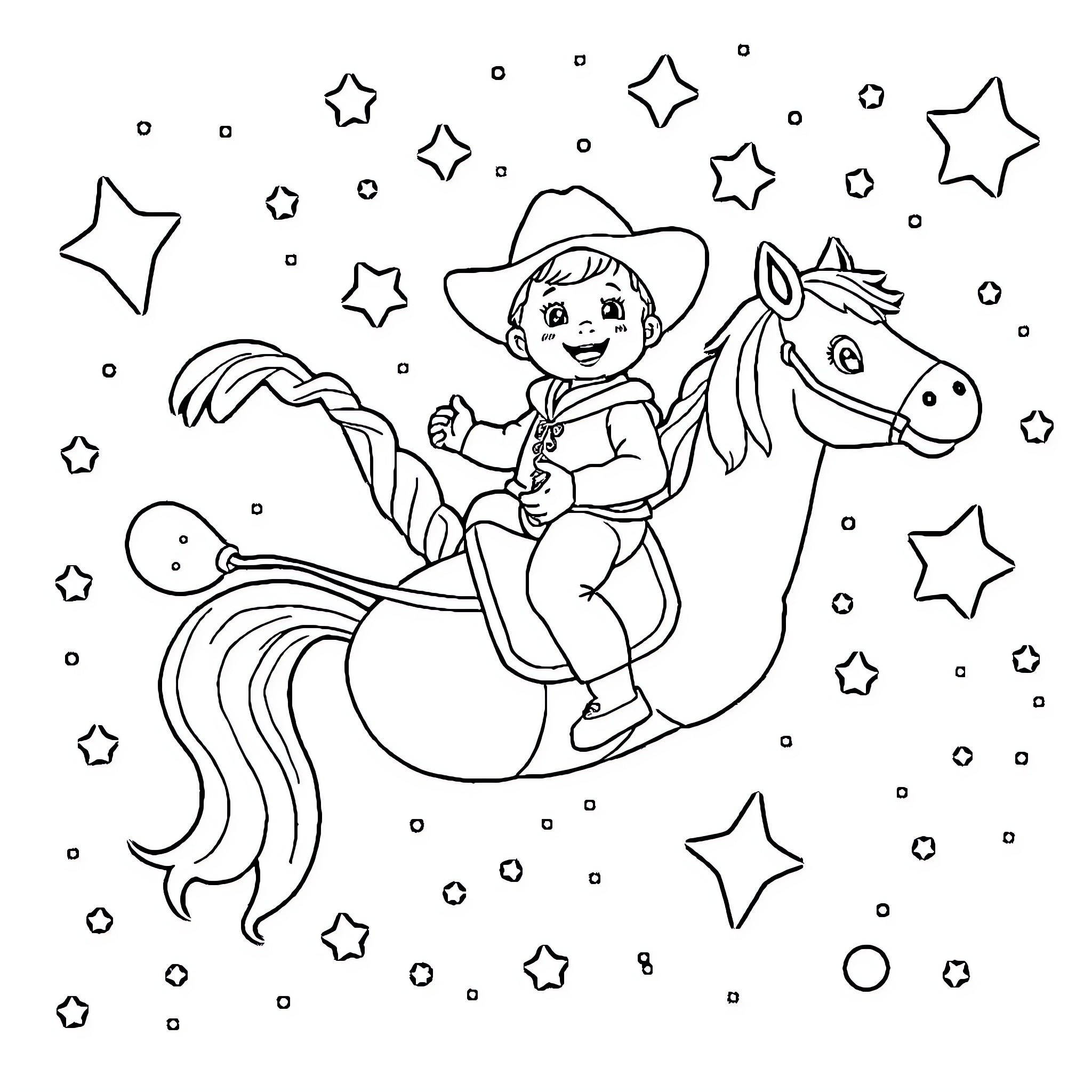 Baby Boy Riding Pony Under Starry Skies Coloring Page (free black-and-white line drawing printable PDF for all, from beginners to advanced learners, including children, teens, adults, and seniors)