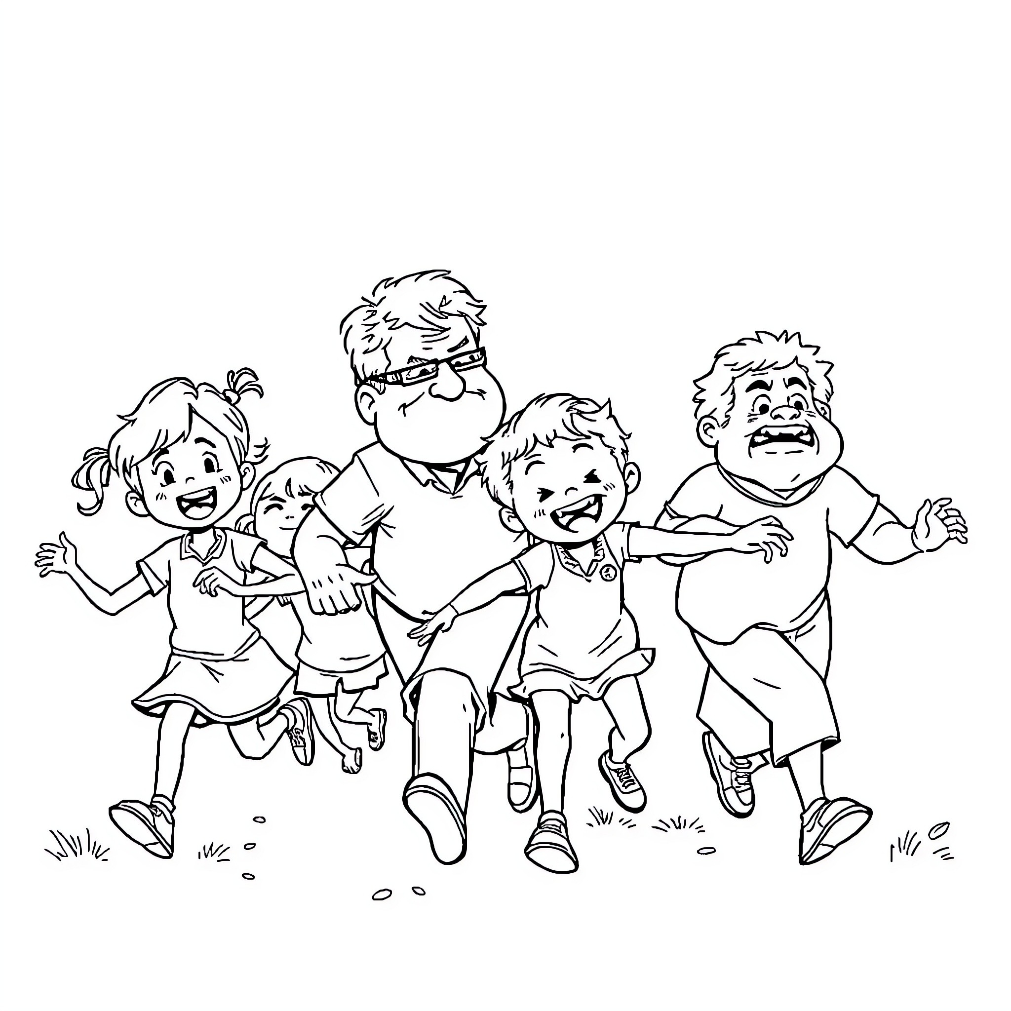 Child friends happily playing together outdoors Coloring Page (free black-and-white line drawing printable PDF for all, from beginners to advanced learners, including children, teens, adults, and seniors)