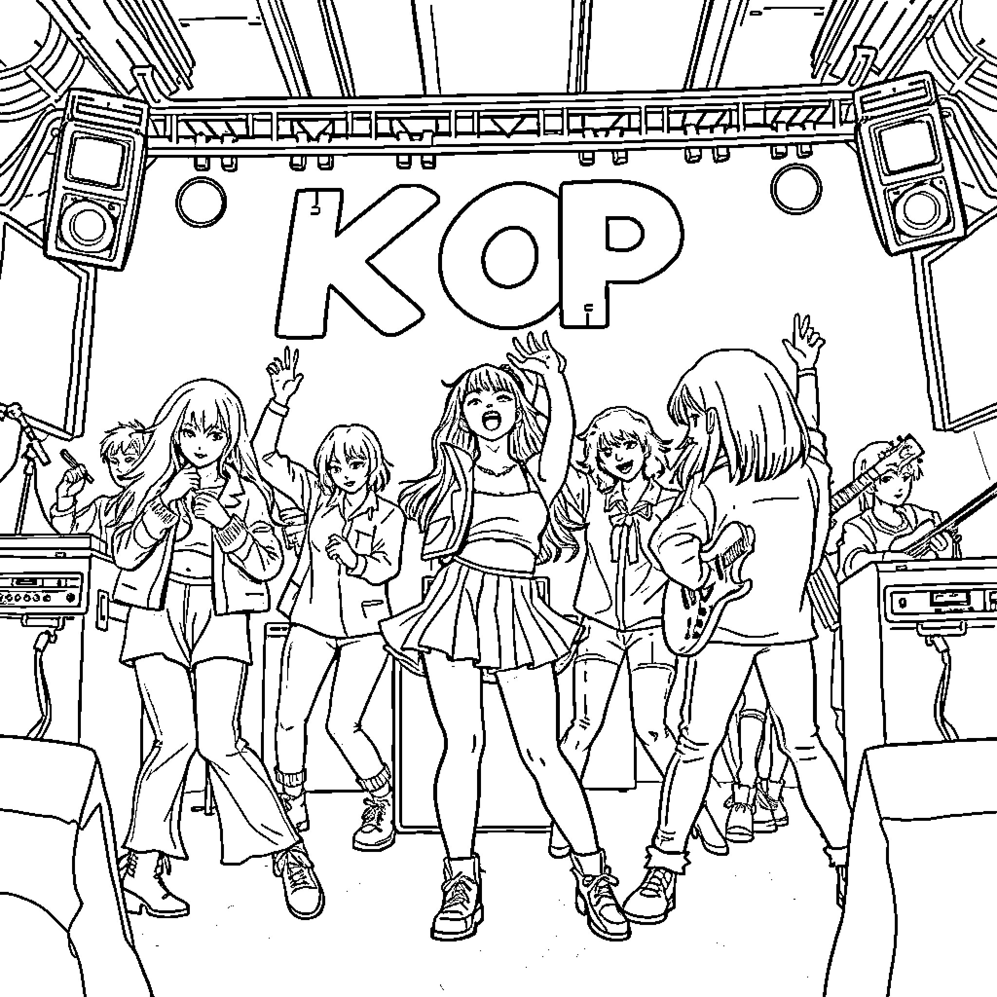 Kpop Stars Performing Energetically on Stage Coloring Page (free black-and-white line drawing printable PDF for all, from beginners to advanced learners, including children, teens, adults, and seniors)