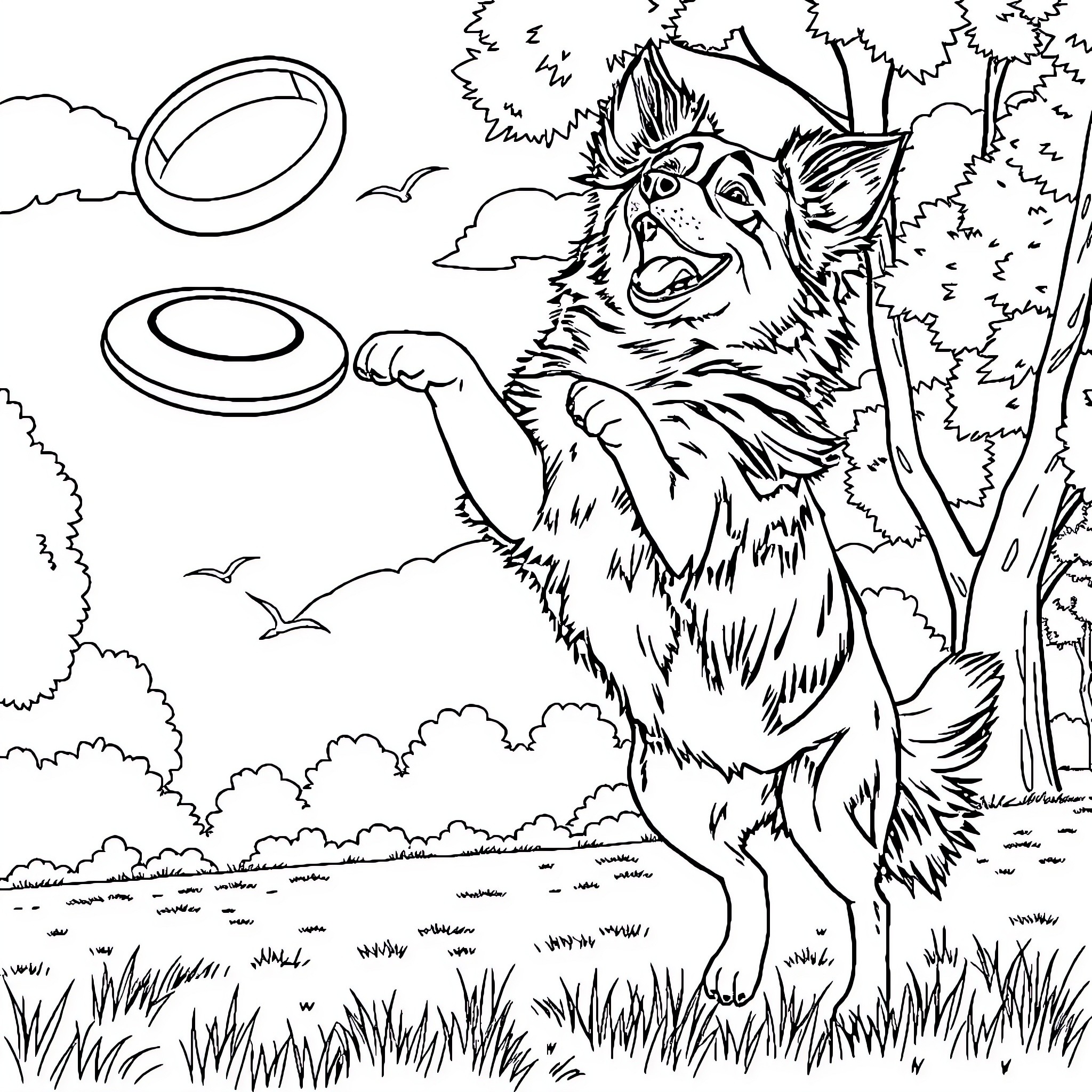 Australian Shepherd playing with frisbees in the park Coloring Page (free black-and-white line drawing printable PDF for all, from beginners to advanced learners, including children, teens, adults, and seniors)