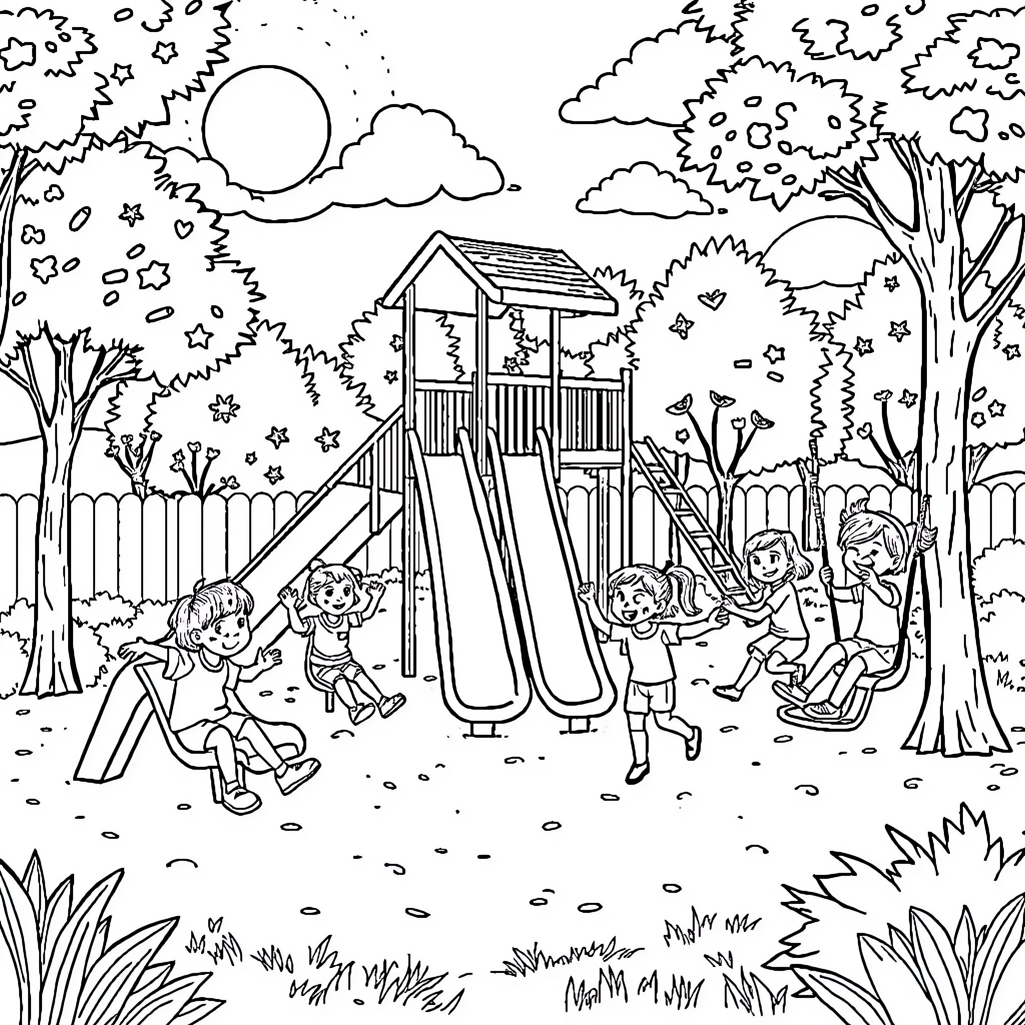 Children playing happily at the playground Coloring Page (free black-and-white line drawing printable PDF for all, from beginners to advanced learners, including children, teens, adults, and seniors)