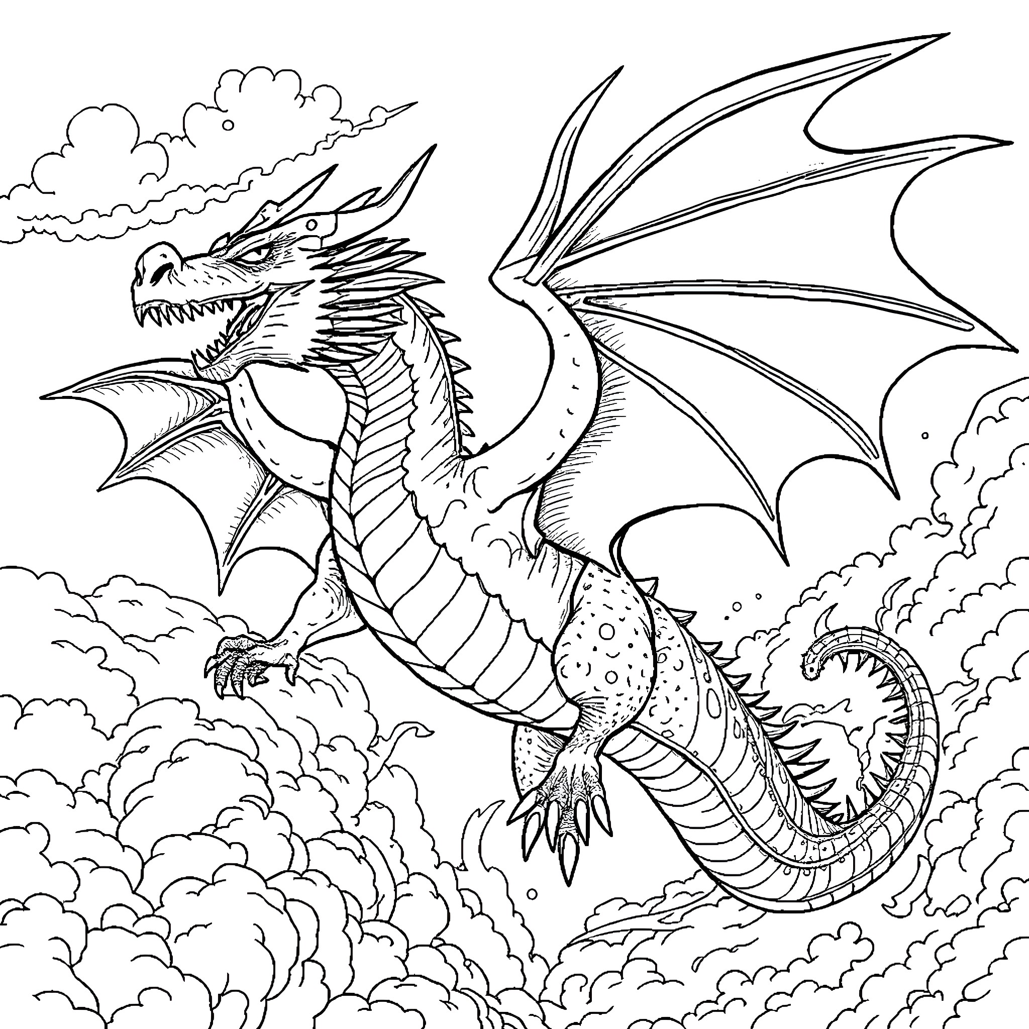Dragon soaring through the cloudy skies Coloring Page (free black-and-white line drawing printable PDF for all, from beginners to advanced learners, including children, teens, adults, and seniors)