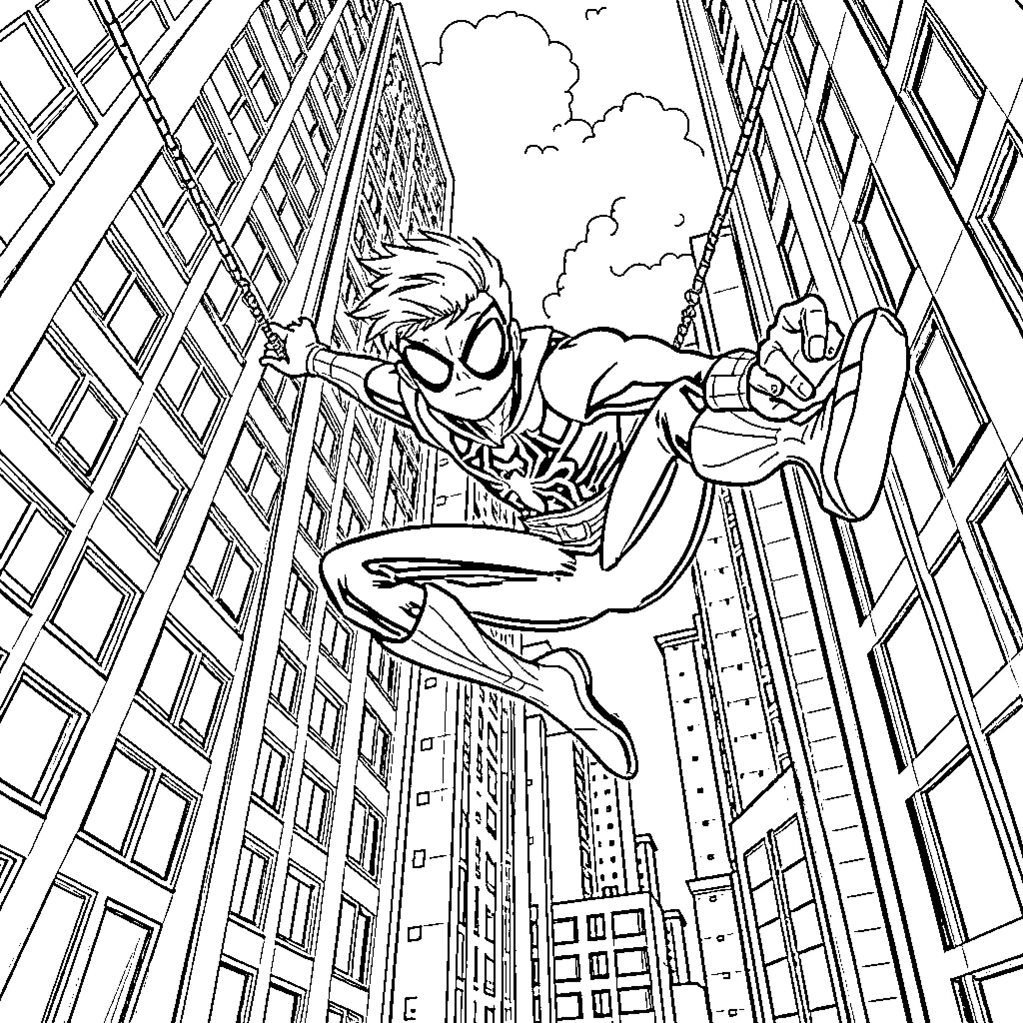 Spiderman swinging through the city skyline Coloring Page (free black-and-white line drawing printable PDF for all, from beginners to advanced learners, including children, teens, adults, and seniors)