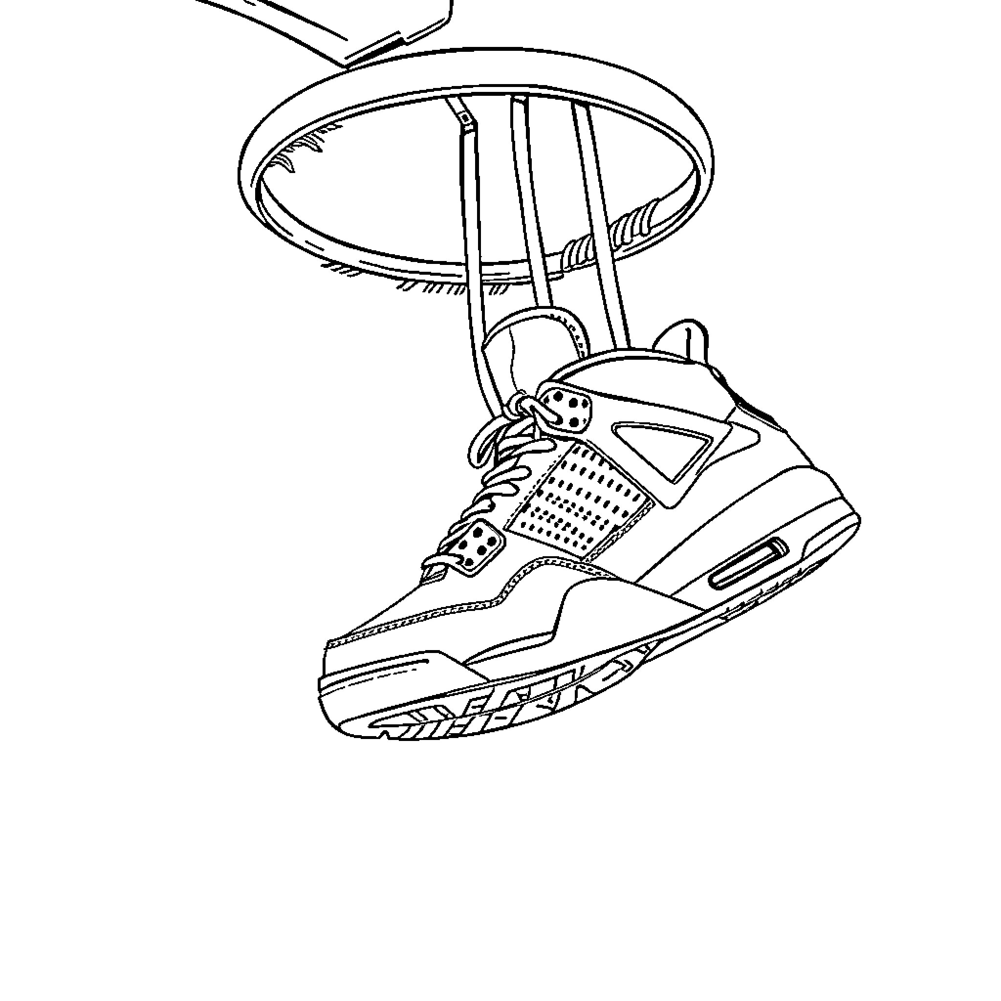 Jordan 4 Shoe Hanging from Ceiling Coloring Page (free black-and-white line drawing printable PDF for all, from beginners to advanced learners, including children, teens, adults, and seniors)