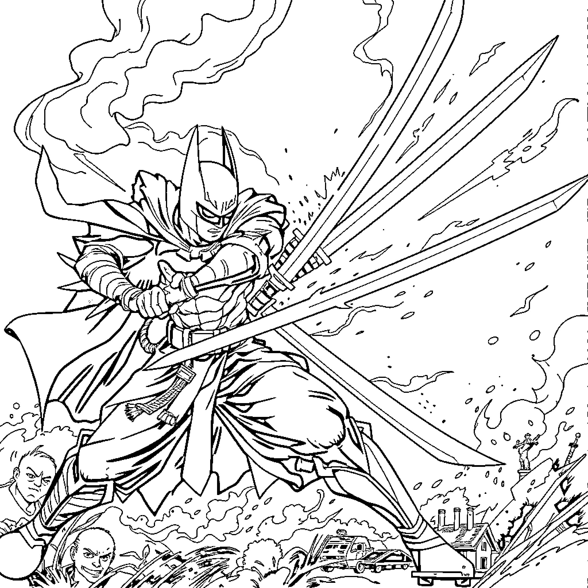 Samurai warrior in fierce combat stance Coloring Page (free black-and-white line drawing printable PDF for all, from beginners to advanced learners, including children, teens, adults, and seniors)