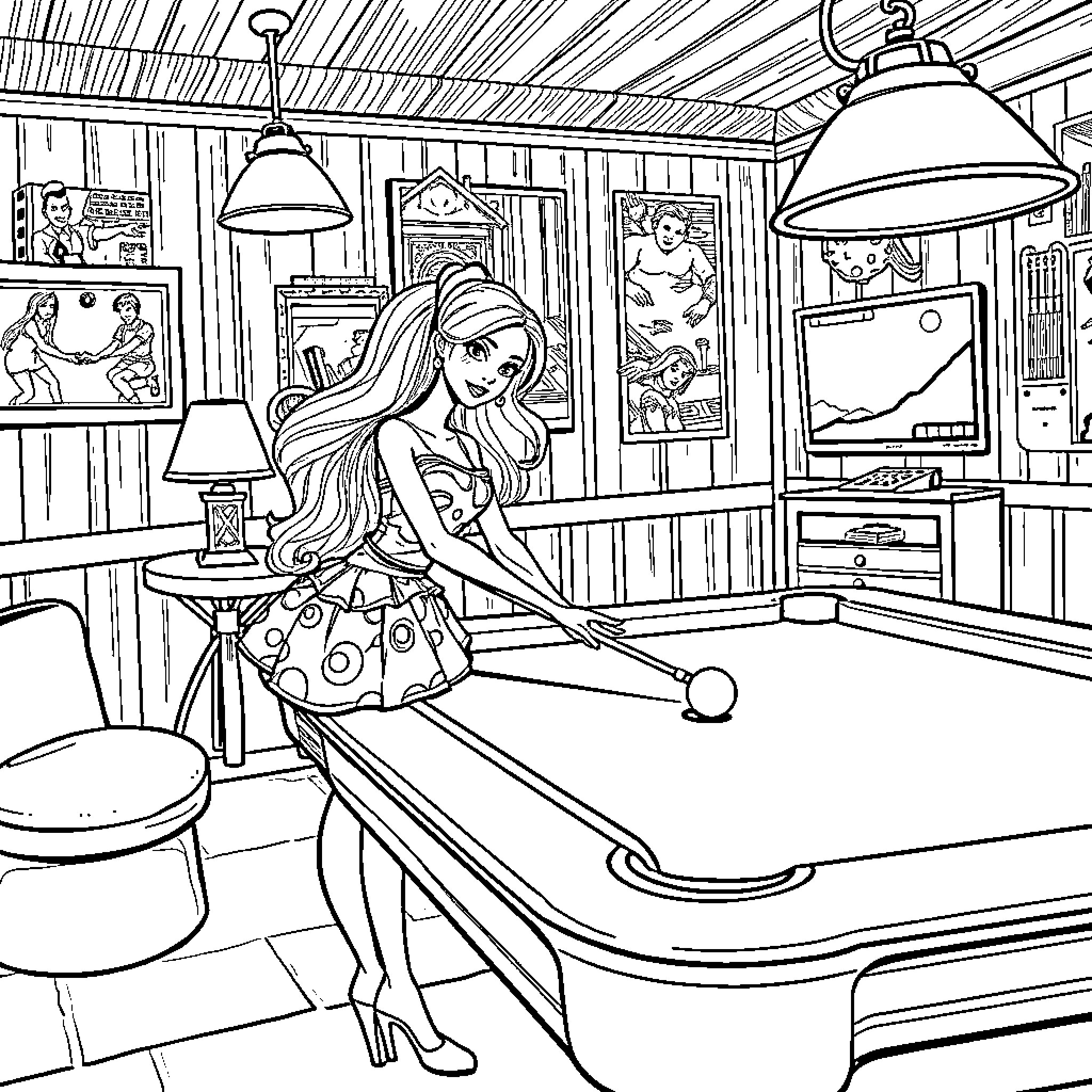 Barbie playing pool in her retro-style room Coloring Page (free black-and-white line drawing printable PDF for all, from beginners to advanced learners, including children, teens, adults, and seniors)