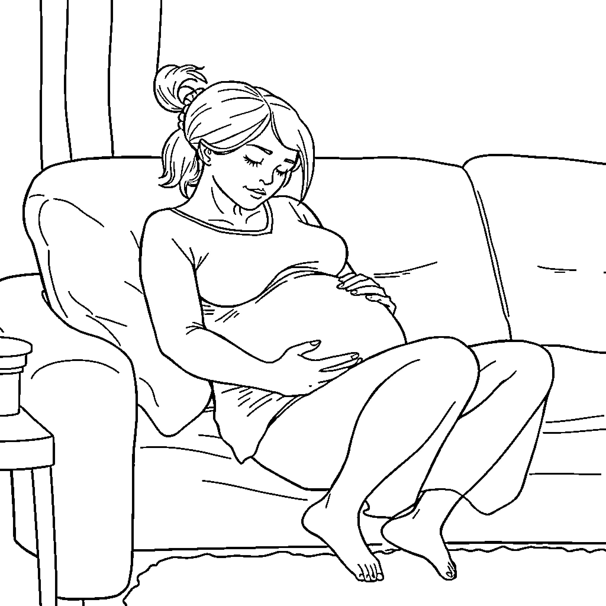 Woman resting comfortably on the couch Coloring Page (free black-and-white line drawing printable PDF for all, from beginners to advanced learners, including children, teens, adults, and seniors)