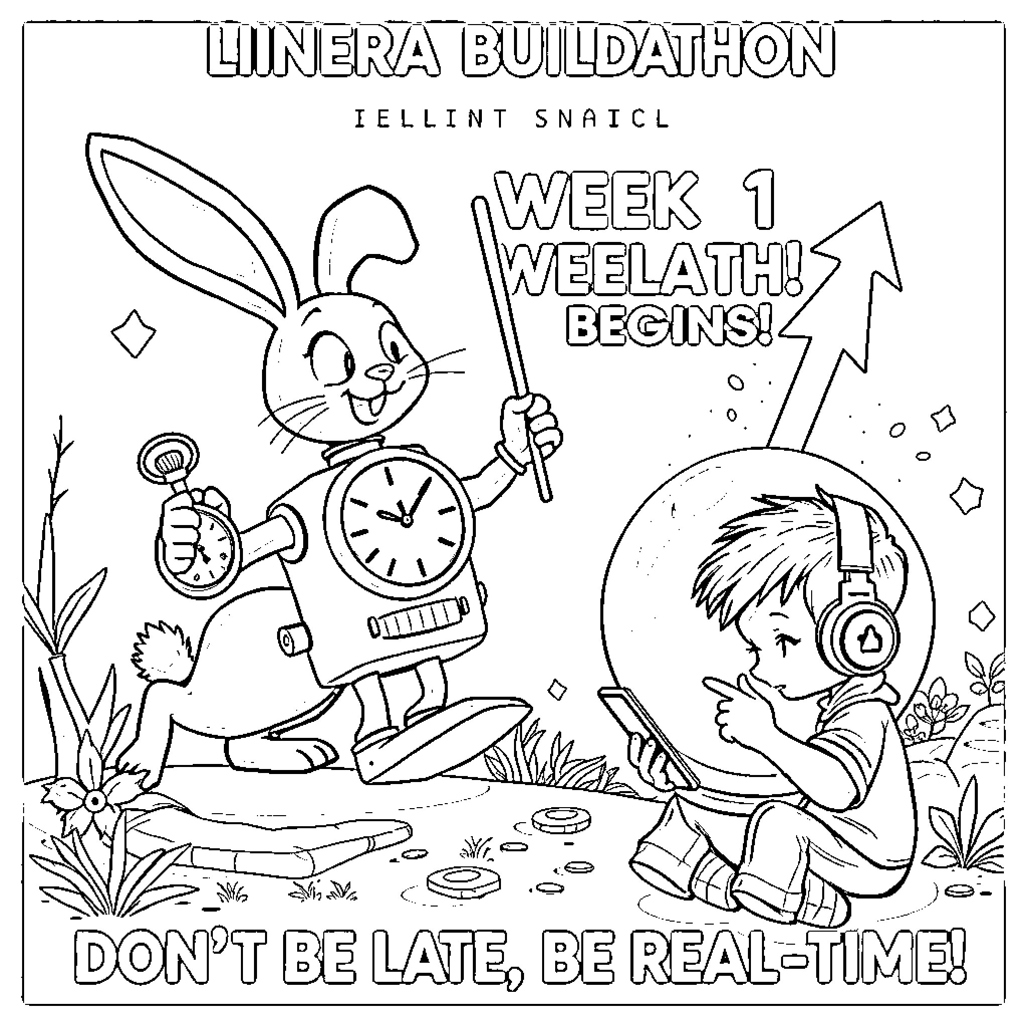 Rabbit holding clock and telling boy to be on time Coloring Page (free black-and-white line drawing printable PDF for all, from beginners to advanced learners, including children, teens, adults, and seniors)