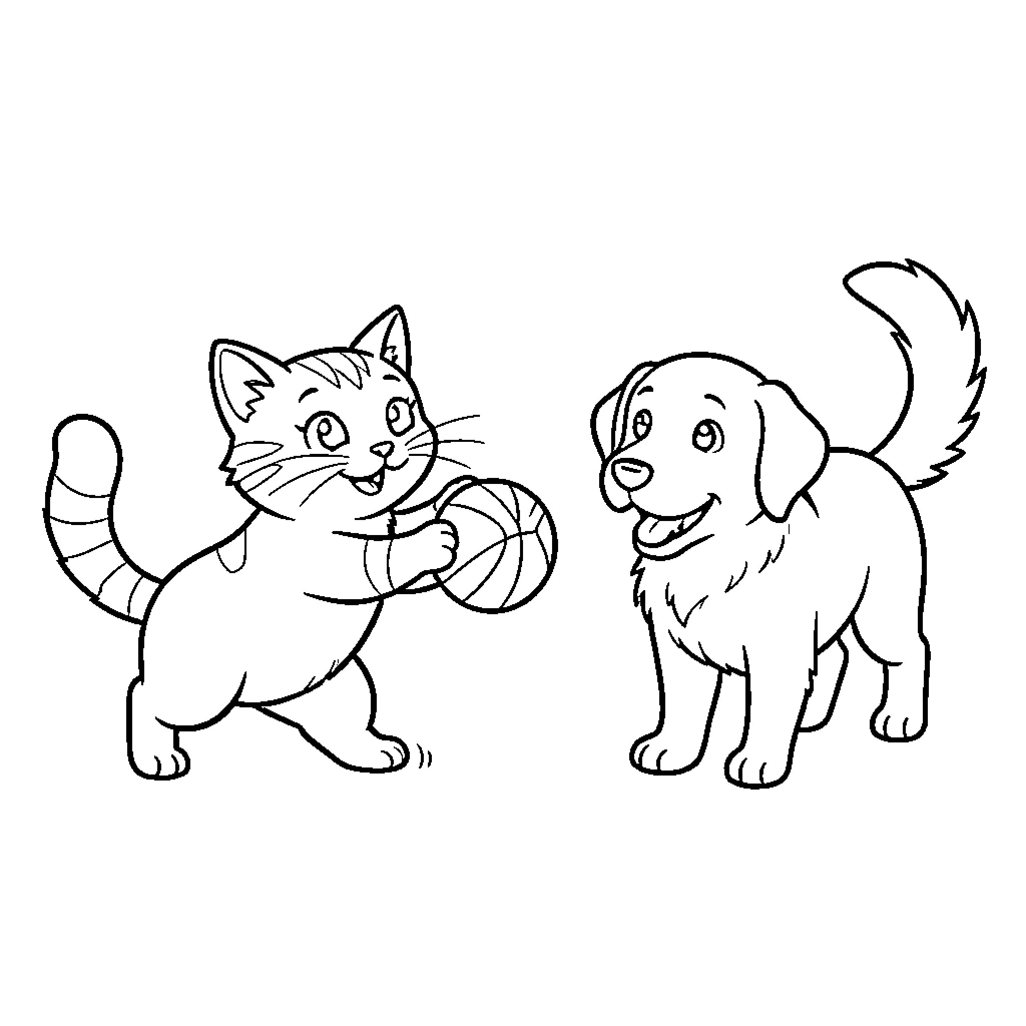 Cat and dog playing with ball Coloring Page (free black-and-white line drawing printable PDF for all, from beginners to advanced learners, including children, teens, adults, and seniors)