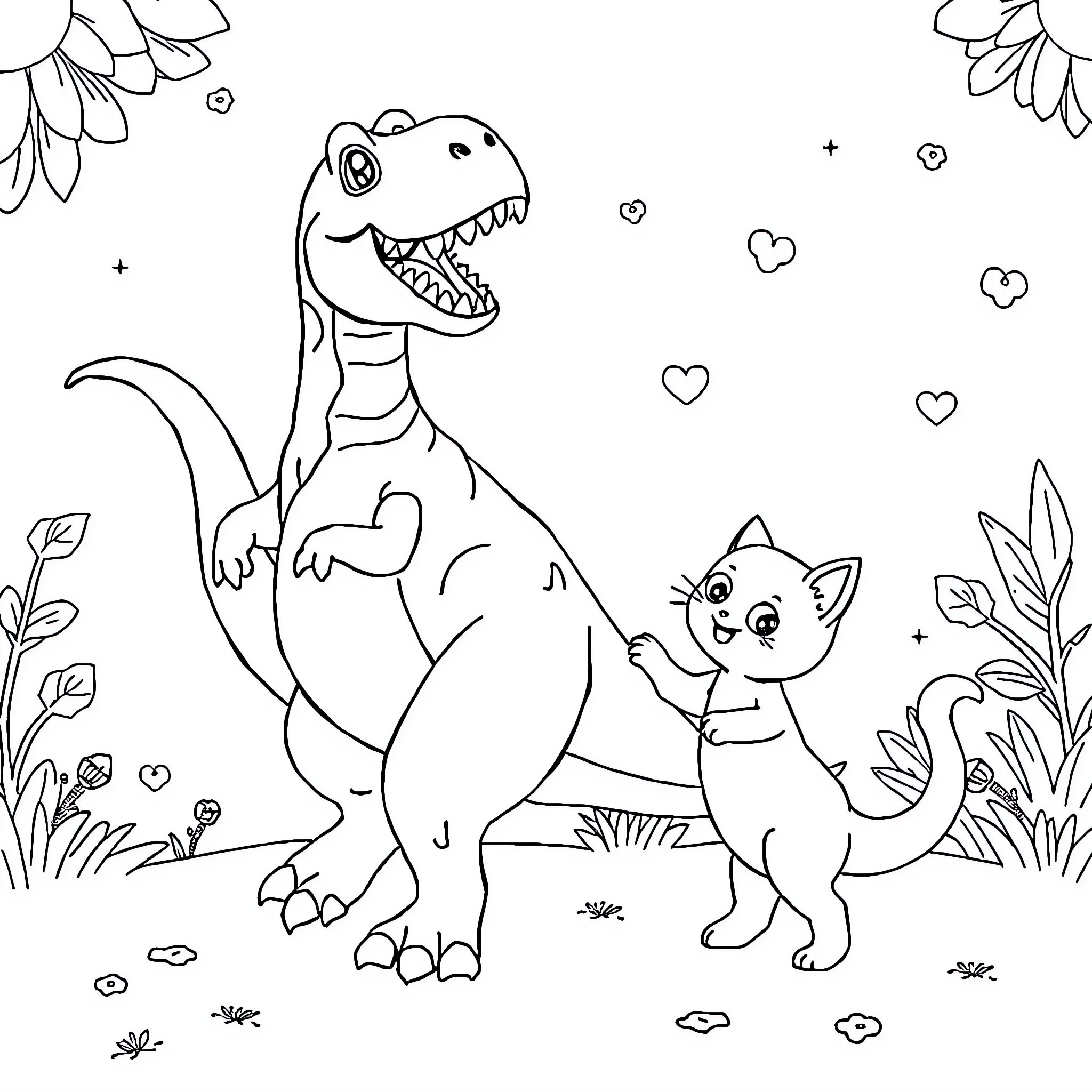 Dinosaur and Kitten Playing Outdoors Coloring Page (free black-and-white line drawing printable PDF for all, from beginners to advanced learners, including children, teens, adults, and seniors)
