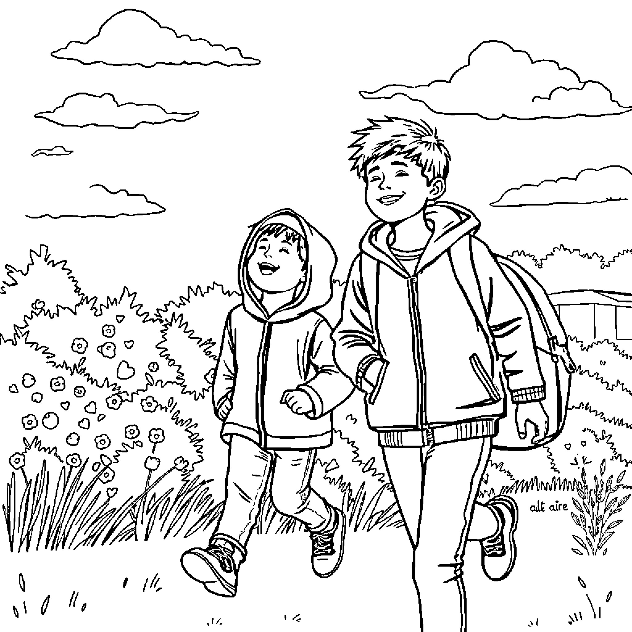 Niño's Outdoor Adventure with Friend Coloring Page (free black-and-white line drawing printable PDF for all, from beginners to advanced learners, including children, teens, adults, and seniors)