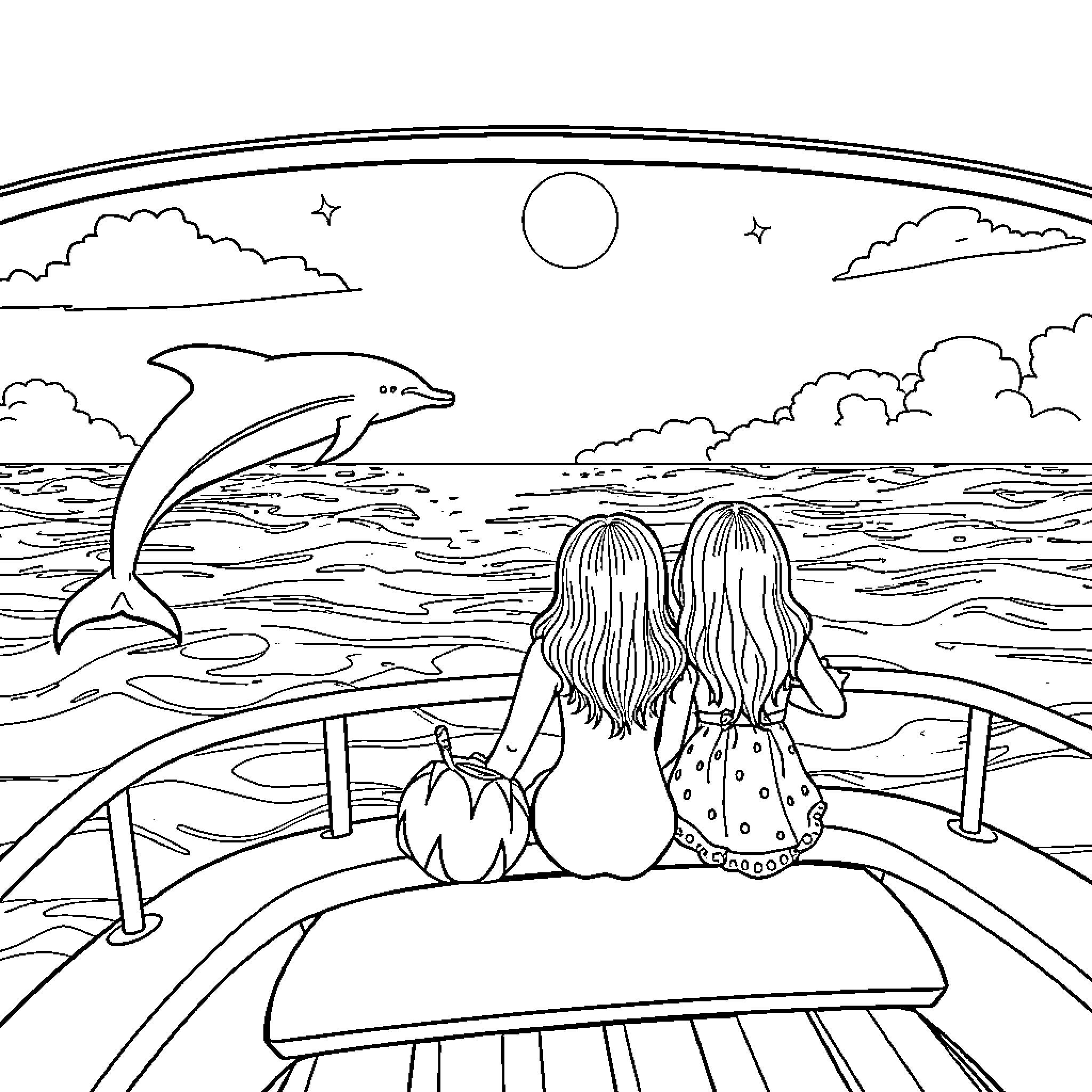 Sister's Oceanside Adventure Coloring Page (free black-and-white line drawing printable PDF for all, from beginners to advanced learners, including children, teens, adults, and seniors)