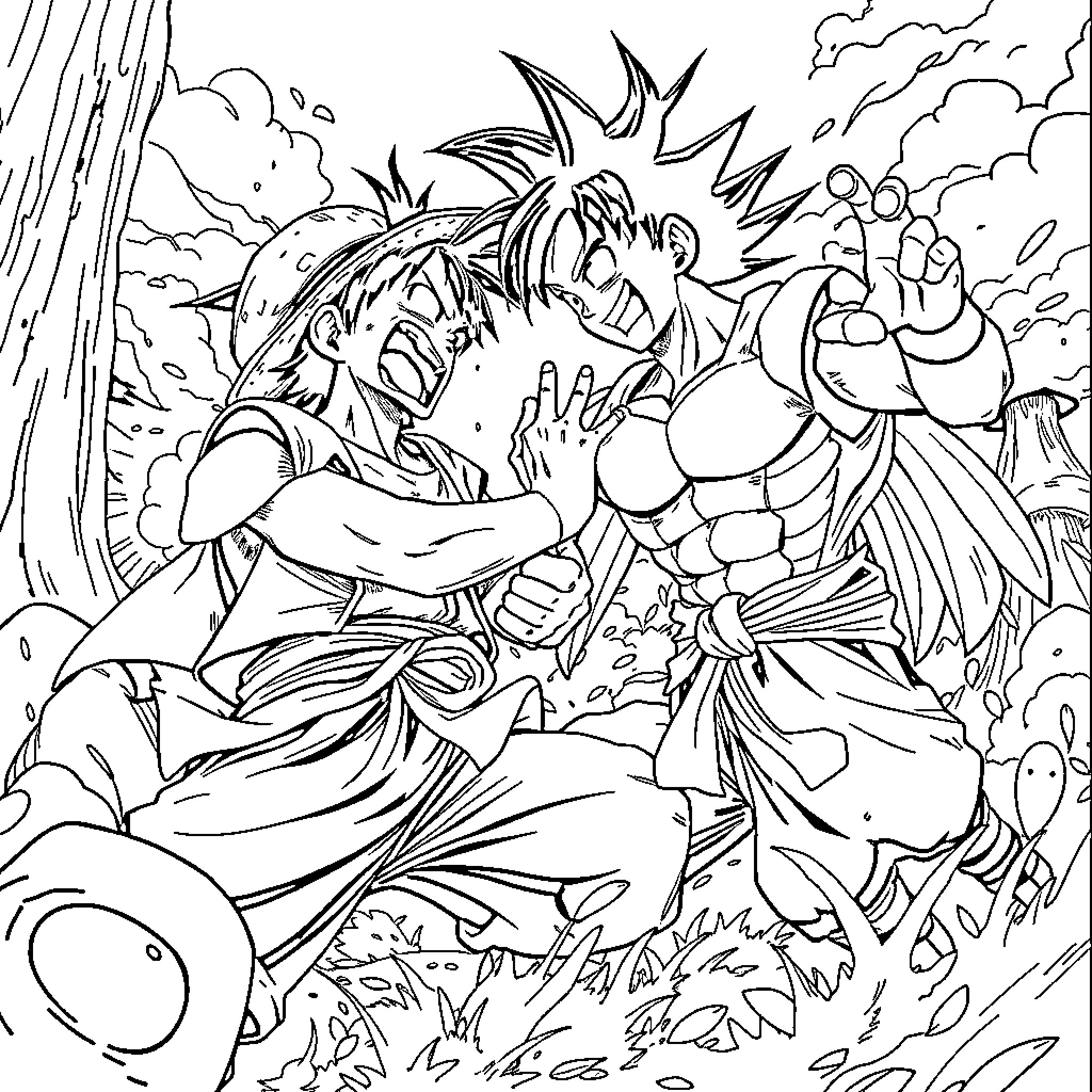 Luffy's Fierce Clash with a Powerful Foe Coloring Page (free black-and-white line drawing printable PDF for all, from beginners to advanced learners, including children, teens, adults, and seniors)