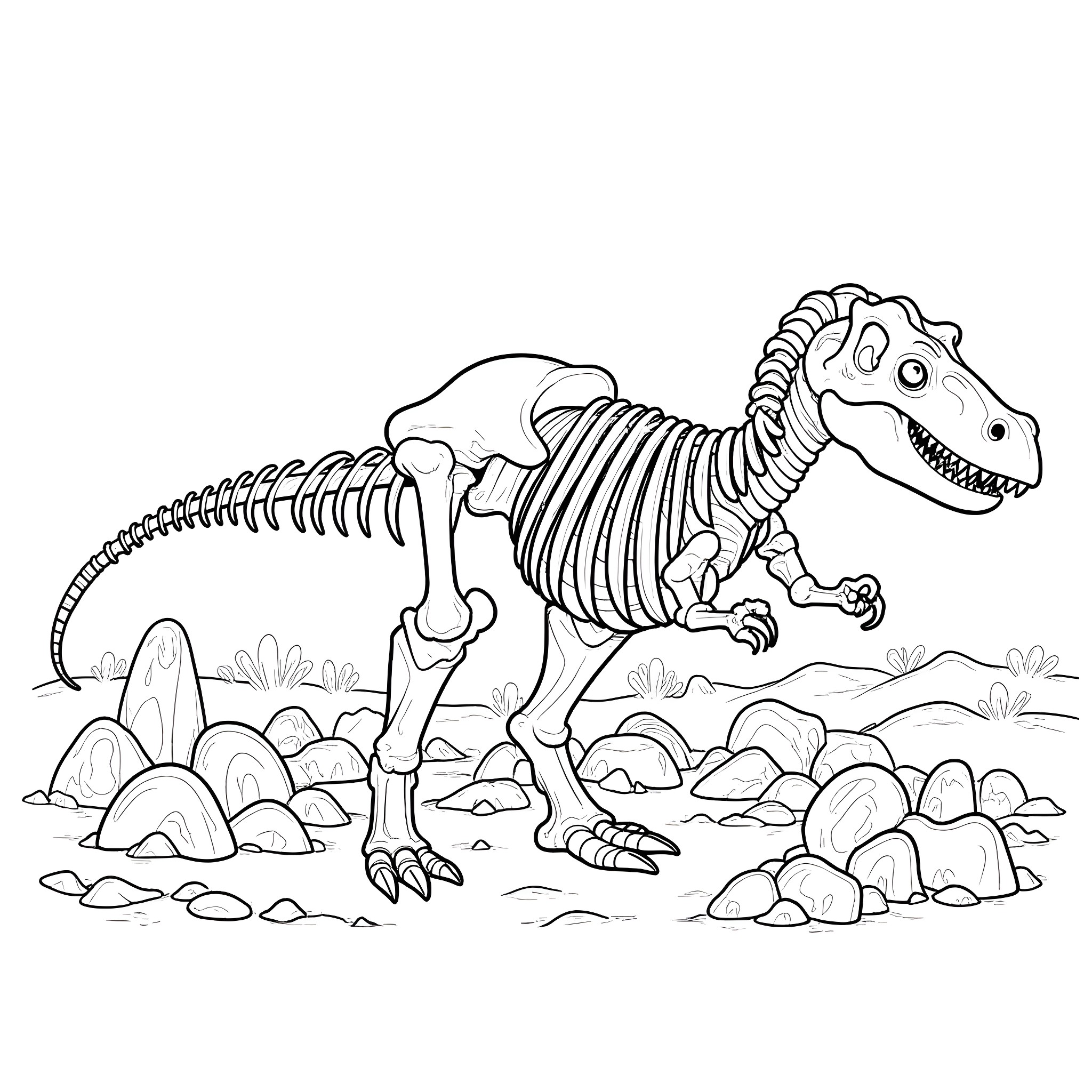 Dinosaur Skeleton Fossil Exploration Coloring Page (free black-and-white line drawing printable PDF for all, from beginners to advanced learners, including children, teens, adults, and seniors)