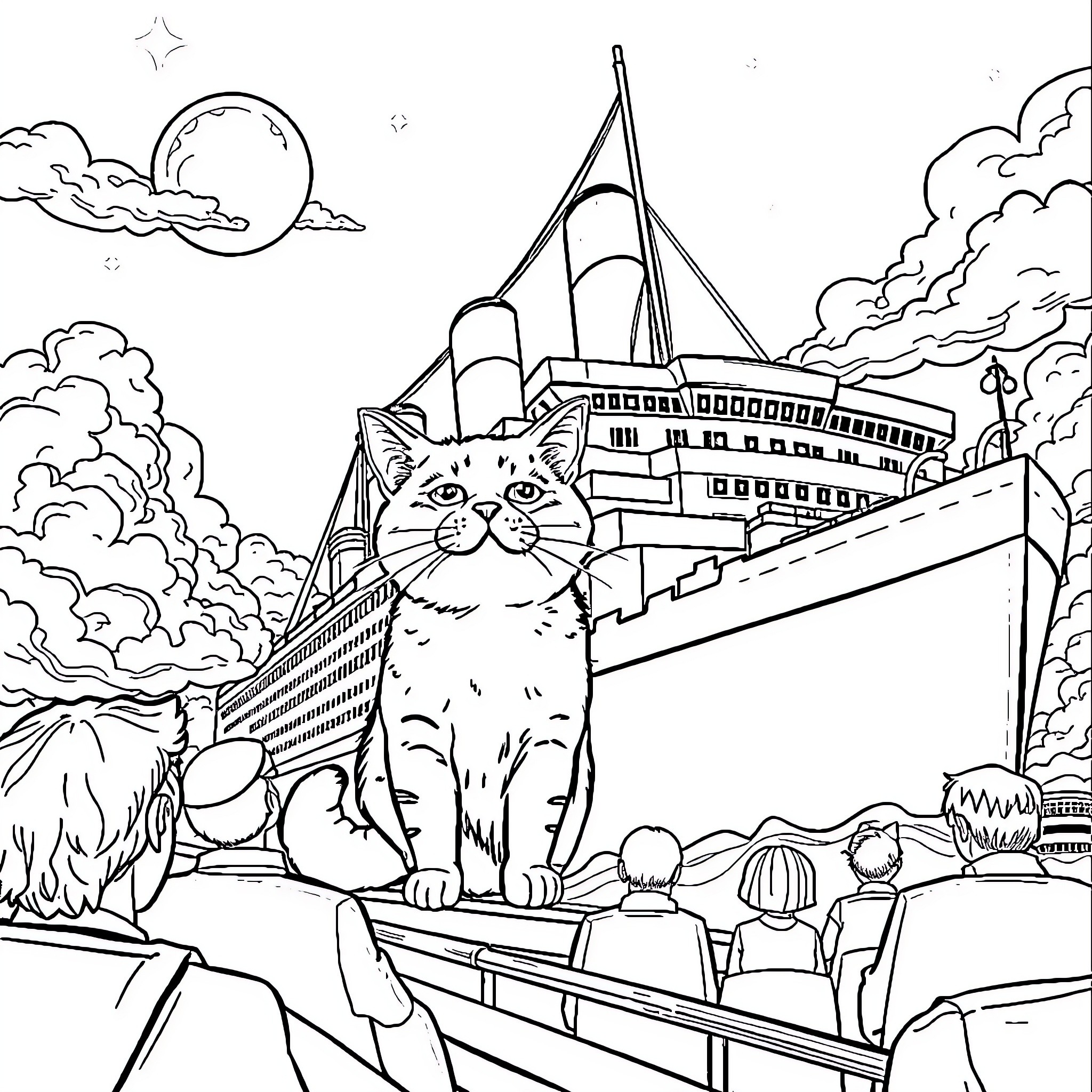 Titanic Cat Sailing on the High Seas Coloring Page (free black-and-white line drawing printable PDF for all, from beginners to advanced learners, including children, teens, adults, and seniors)