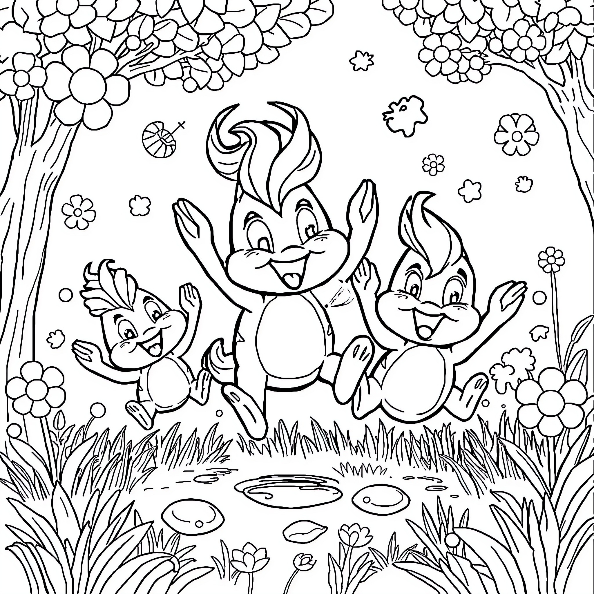 Sprunkie's Playful Adventure in the Enchanted Forest Coloring Page (free black-and-white line drawing printable PDF for all, from beginners to advanced learners, including children, teens, adults, and seniors)