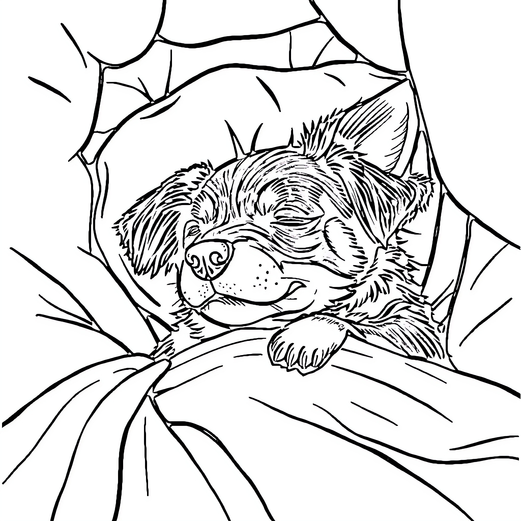 Dachshund sleeping peacefully in cozy bed Coloring Page (free black-and-white line drawing printable PDF for all, from beginners to advanced learners, including children, teens, adults, and seniors)