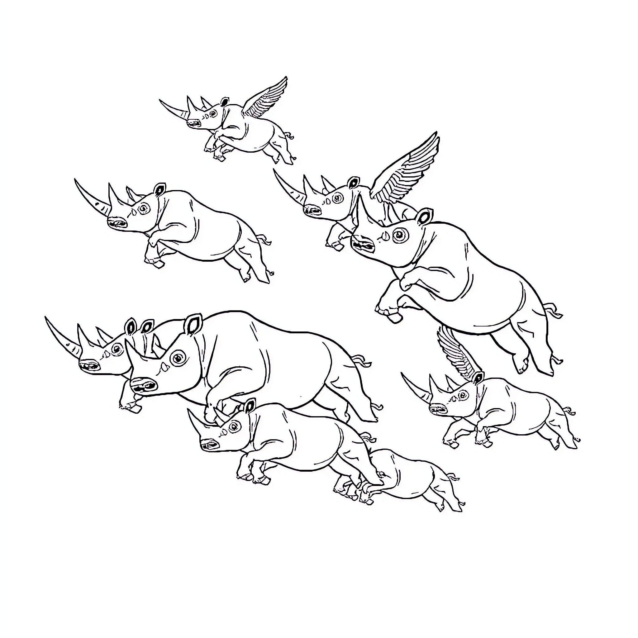 Rhinoceros with wings and horns taking flight Coloring Page (free black-and-white line drawing printable PDF for all, from beginners to advanced learners, including children, teens, adults, and seniors)