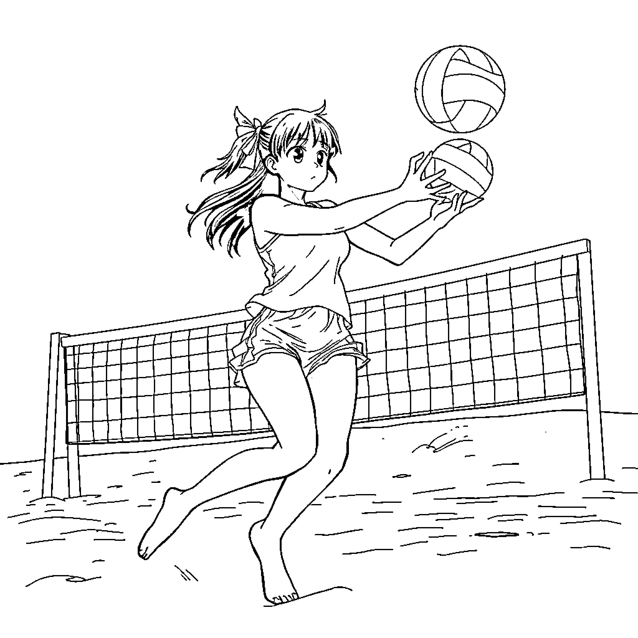 Mai Sakurajima playing volleyball with enthusiasm Coloring Page (free black-and-white line drawing printable PDF for all, from beginners to advanced learners, including children, teens, adults, and seniors)