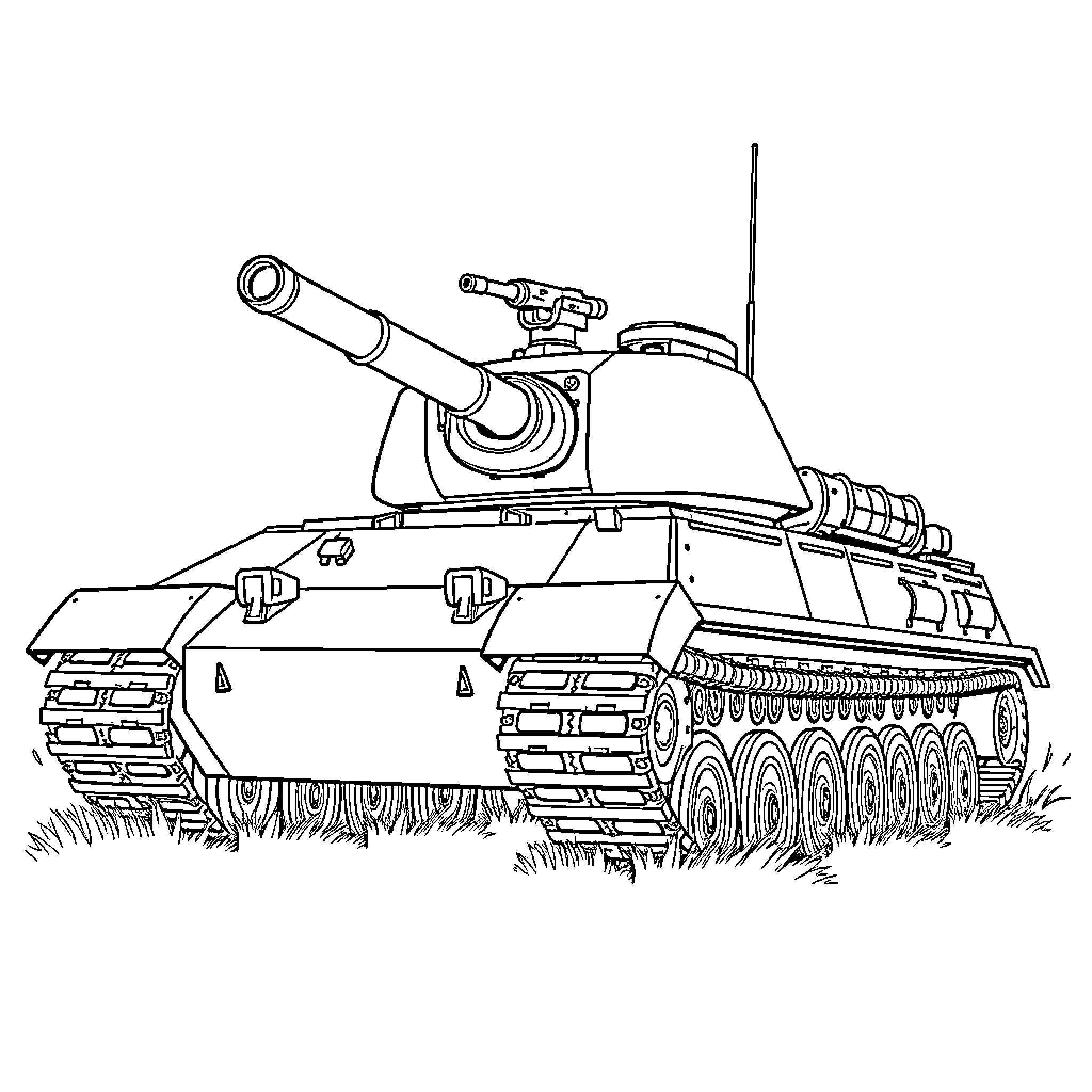 Tank in battle-ready stance on grassy terrain Coloring Page (free black-and-white line drawing printable PDF for all, from beginners to advanced learners, including children, teens, adults, and seniors)