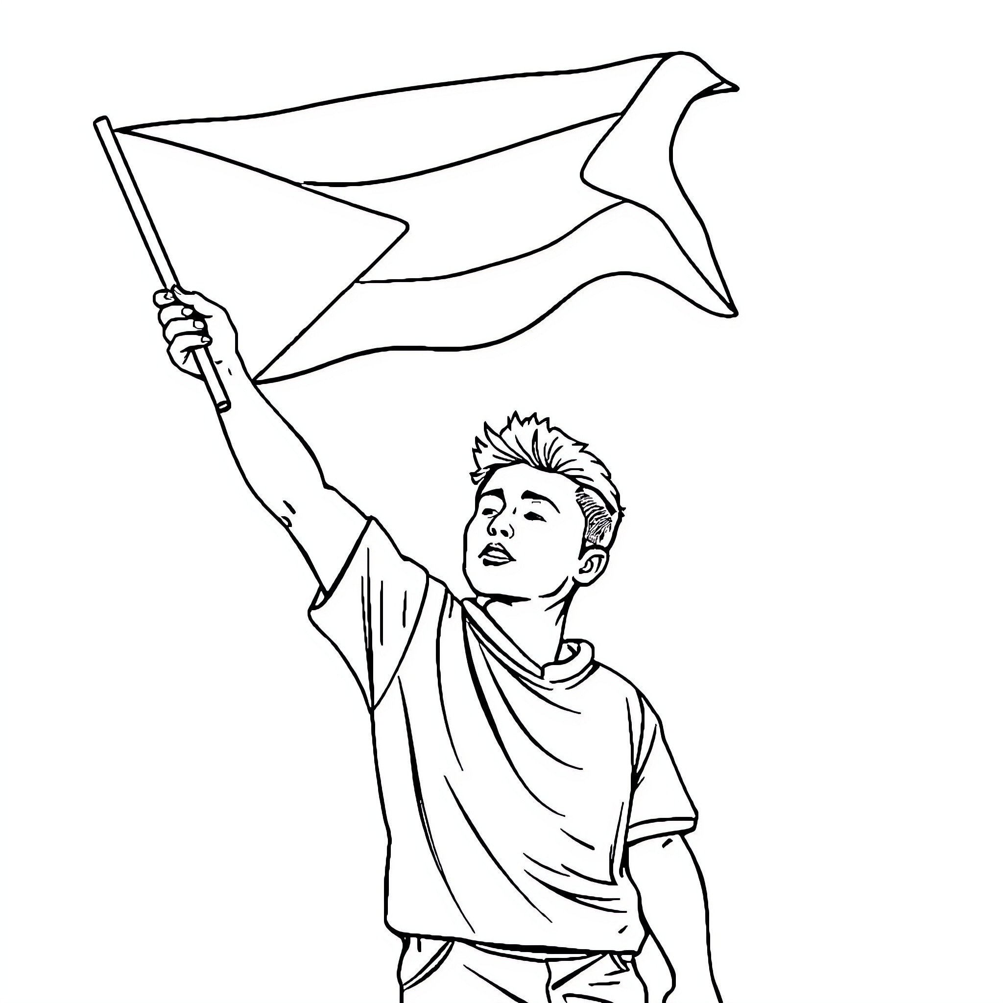 Guy waving flag joyfully Coloring Page (free black-and-white line drawing printable PDF for all, from beginners to advanced learners, including children, teens, adults, and seniors)