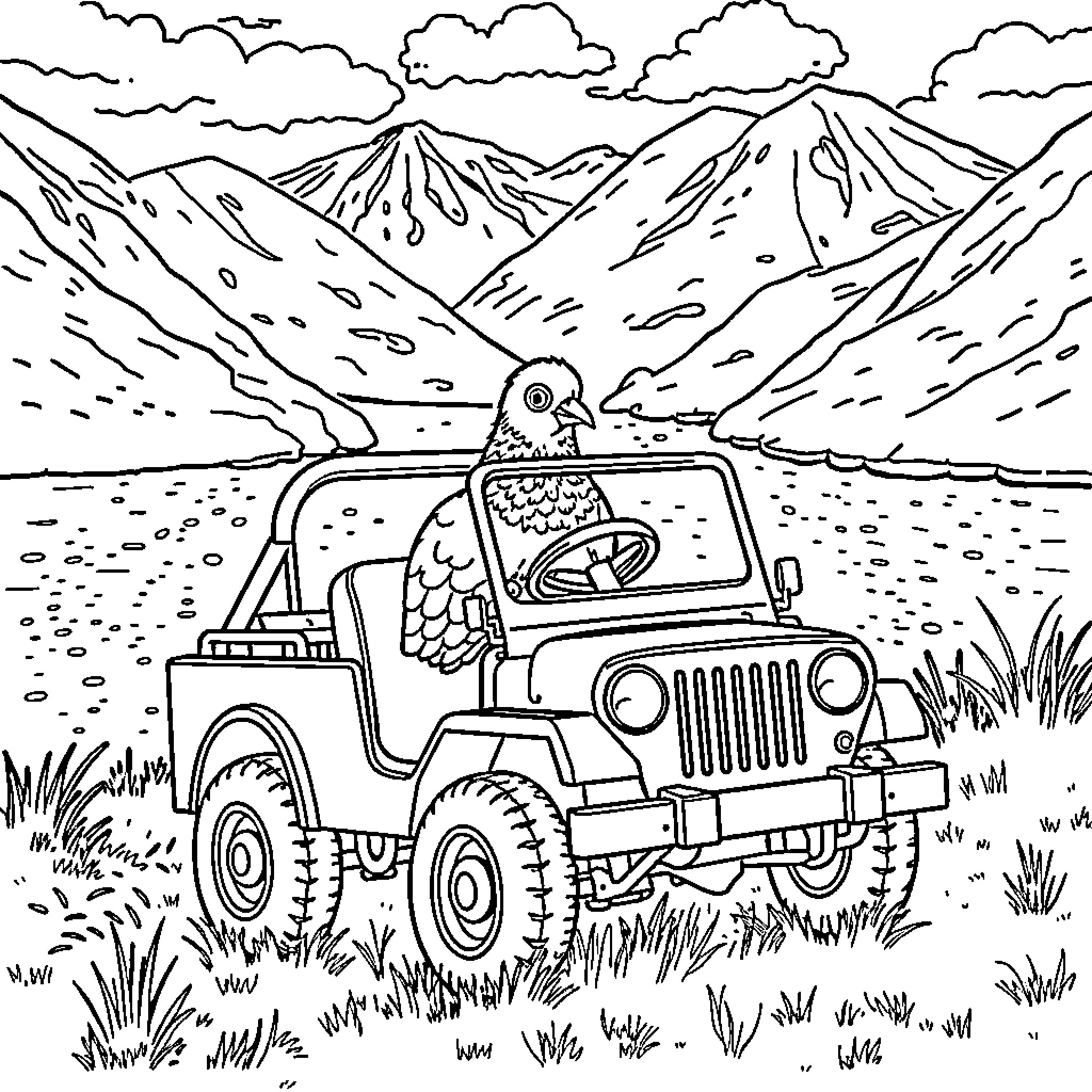 Pigeon exploring the wilderness in a rugged vehicle Coloring Page (free black-and-white line drawing printable PDF for all, from beginners to advanced learners, including children, teens, adults, and seniors)