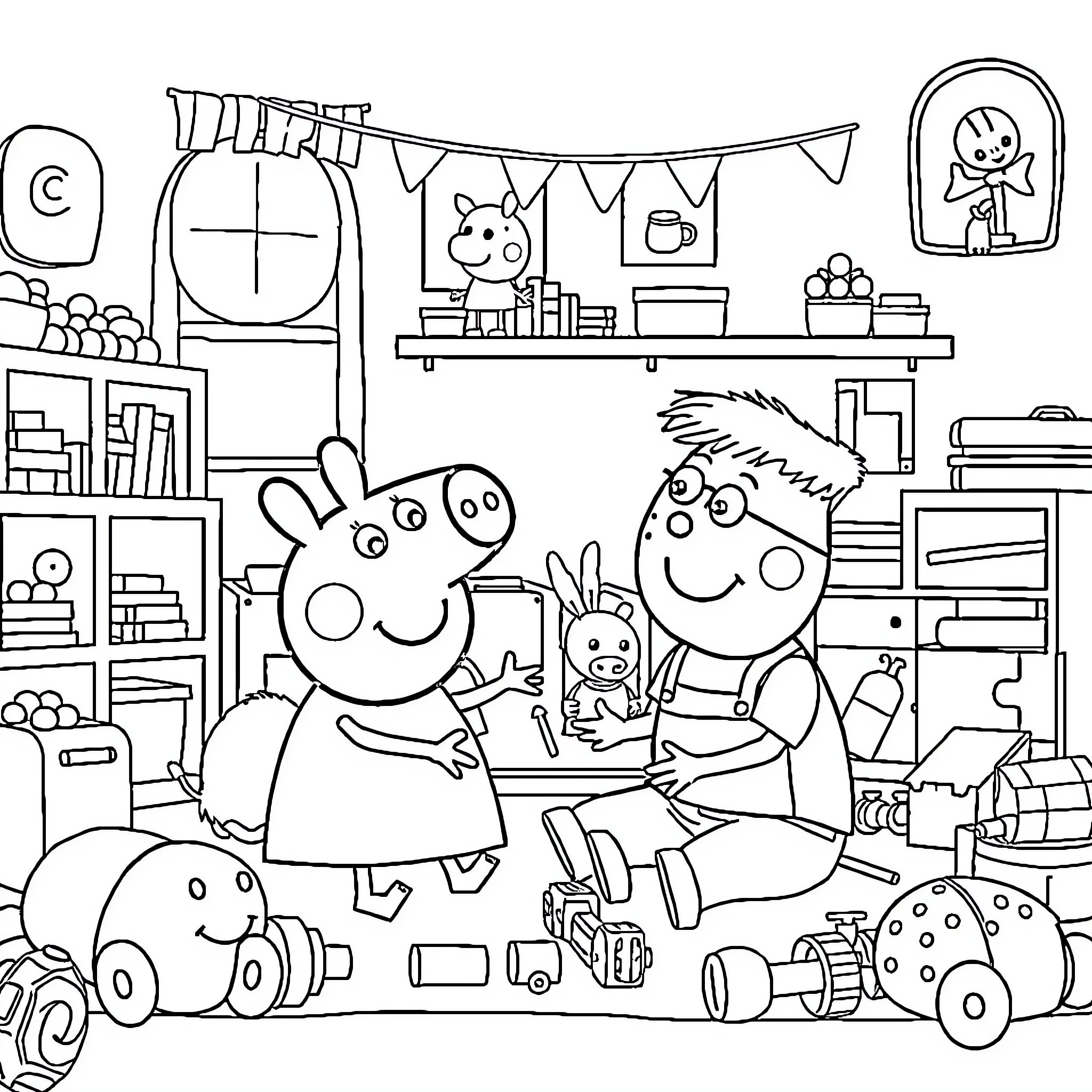Peppa Pig's playful room with family and toys Coloring Page (free black-and-white line drawing printable PDF for all, from beginners to advanced learners, including children, teens, adults, and seniors)