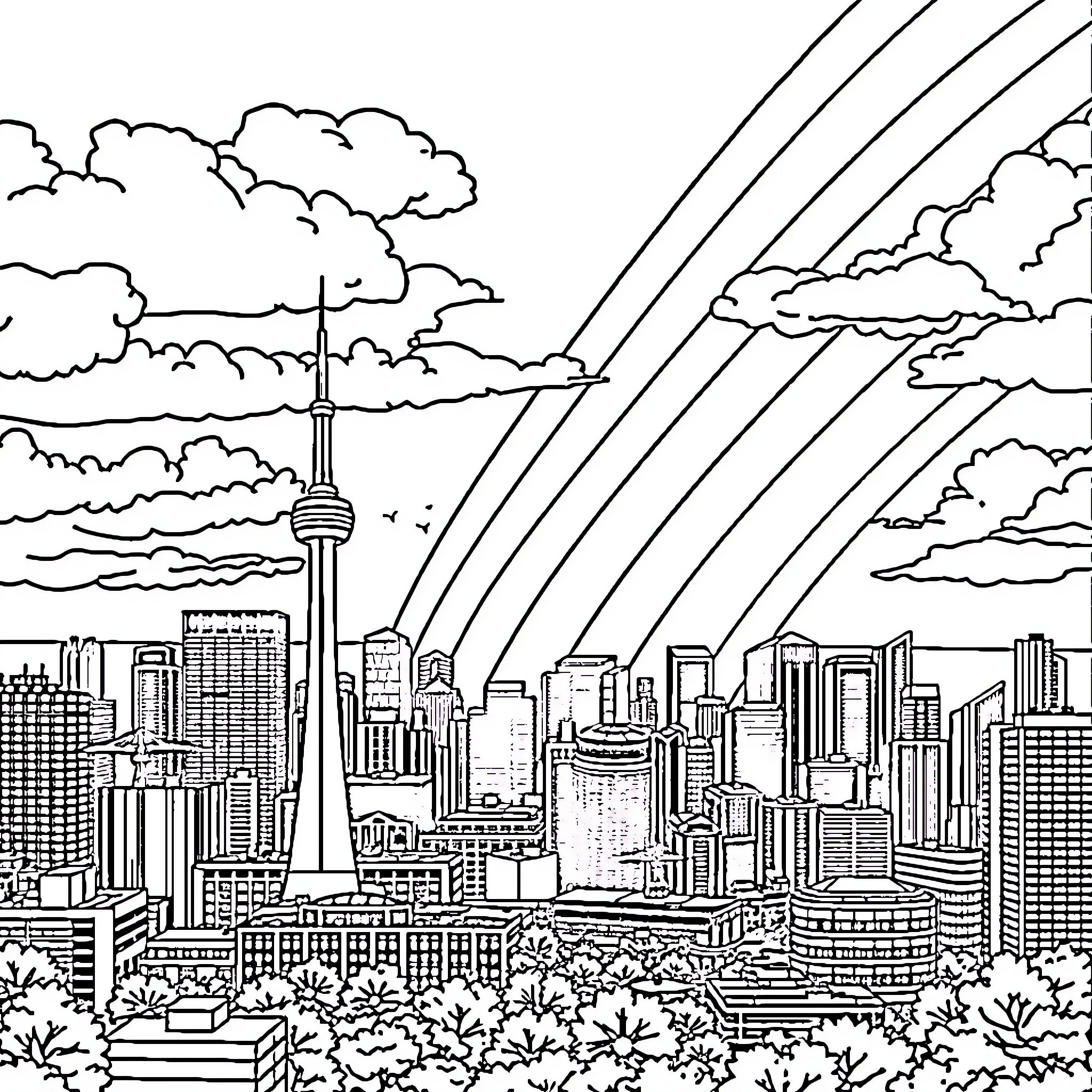 Rainbow High Cityscape Sketch with Vibrant Skies Coloring Page (free black-and-white line drawing printable PDF for all, from beginners to advanced learners, including children, teens, adults, and seniors)