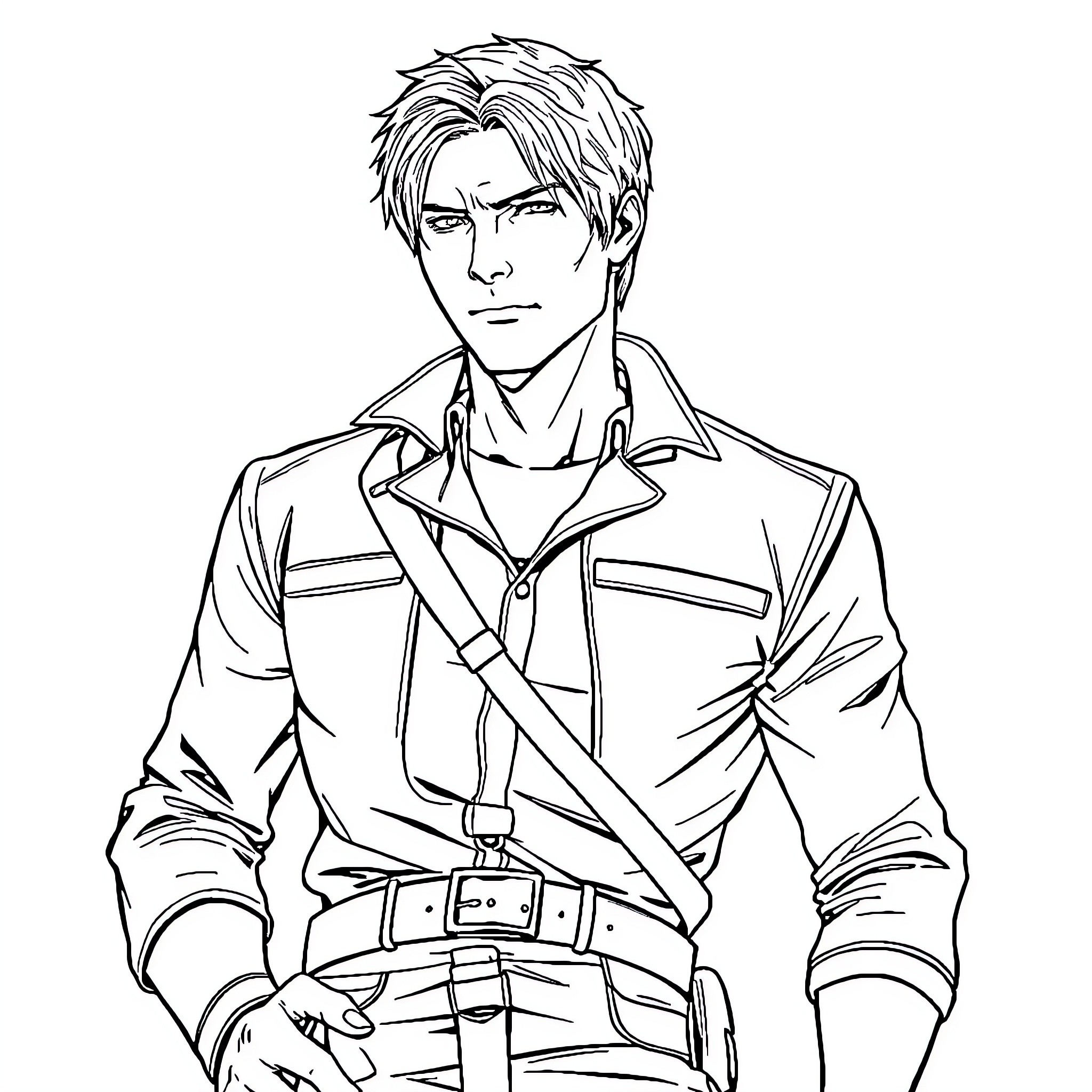 Leon S. Kennedy in a determined combat pose Coloring Page (free black-and-white line drawing printable PDF for all, from beginners to advanced learners, including children, teens, adults, and seniors)