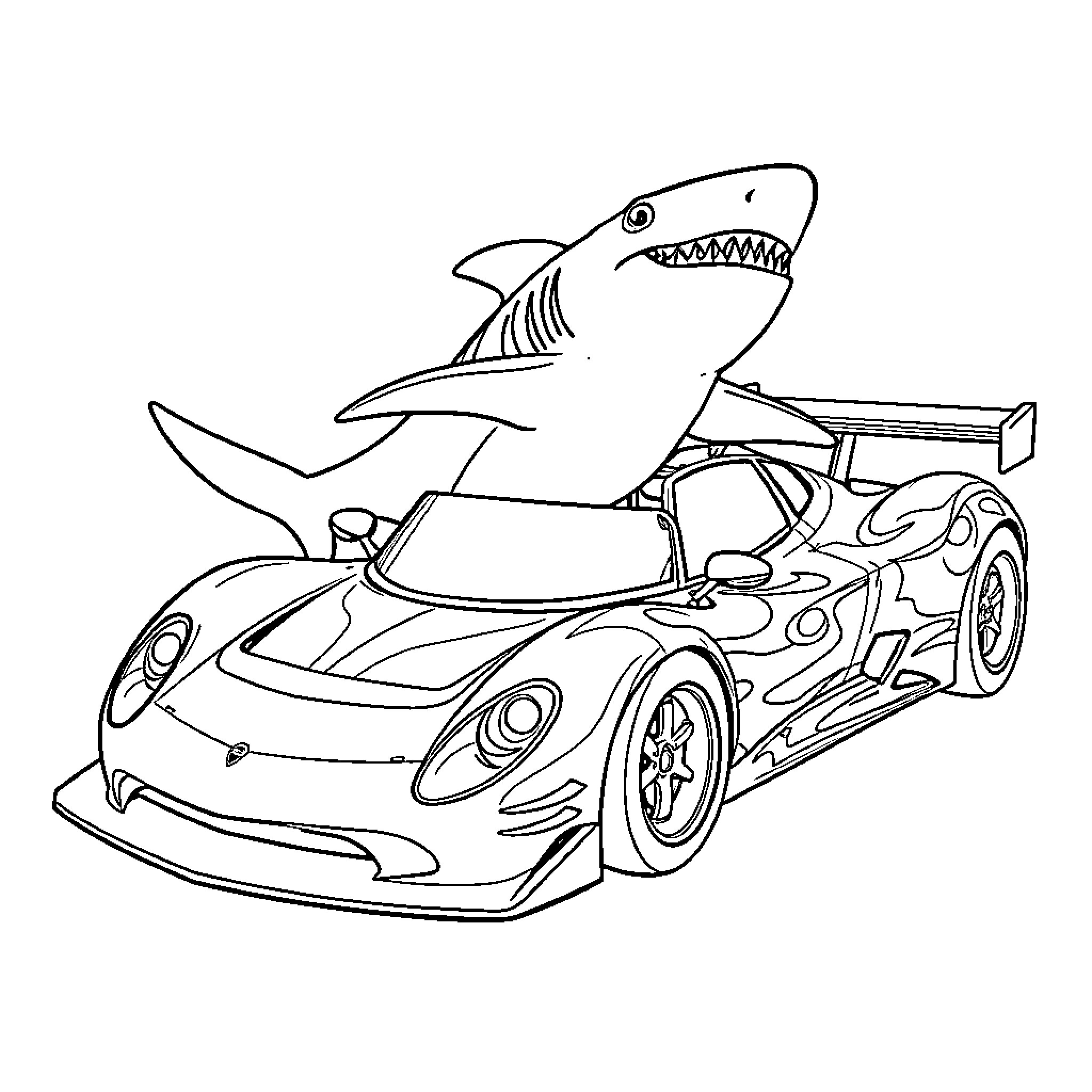 Shark racing a sports car Coloring Page (free black-and-white line drawing printable PDF for all, from beginners to advanced learners, including children, teens, adults, and seniors)