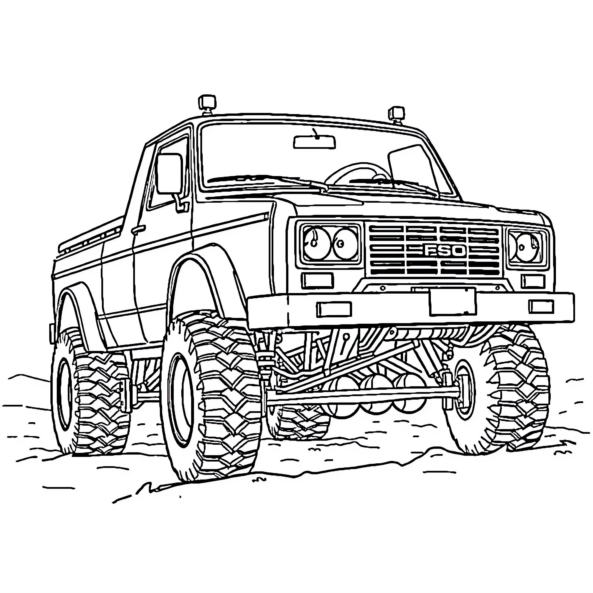 Truck traversing rugged terrain with off-road accessories Coloring Page (free black-and-white line drawing printable PDF for all, from beginners to advanced learners, including children, teens, adults, and seniors)