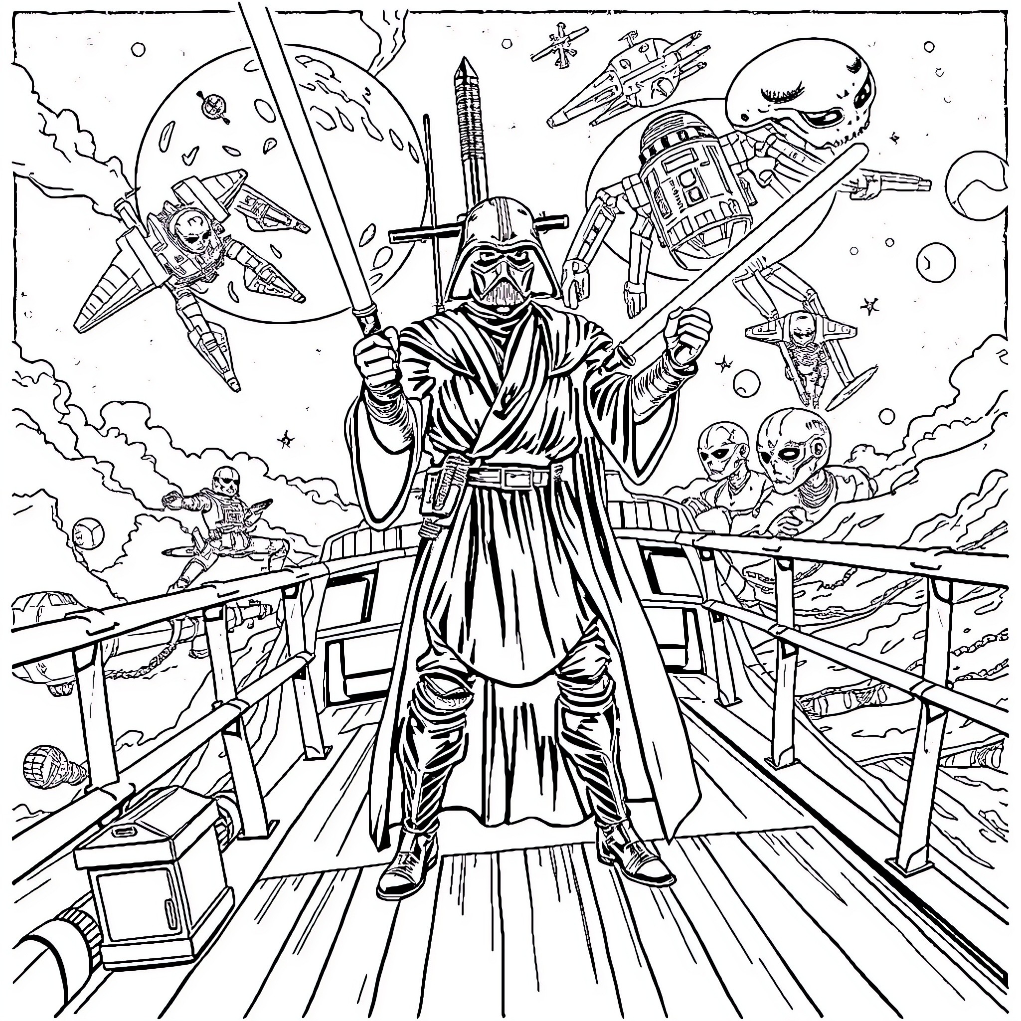 Jedi Master commanding Star Wars spacecraft and characters Coloring Page (free black-and-white line drawing printable PDF for all, from beginners to advanced learners, including children, teens, adults, and seniors)
