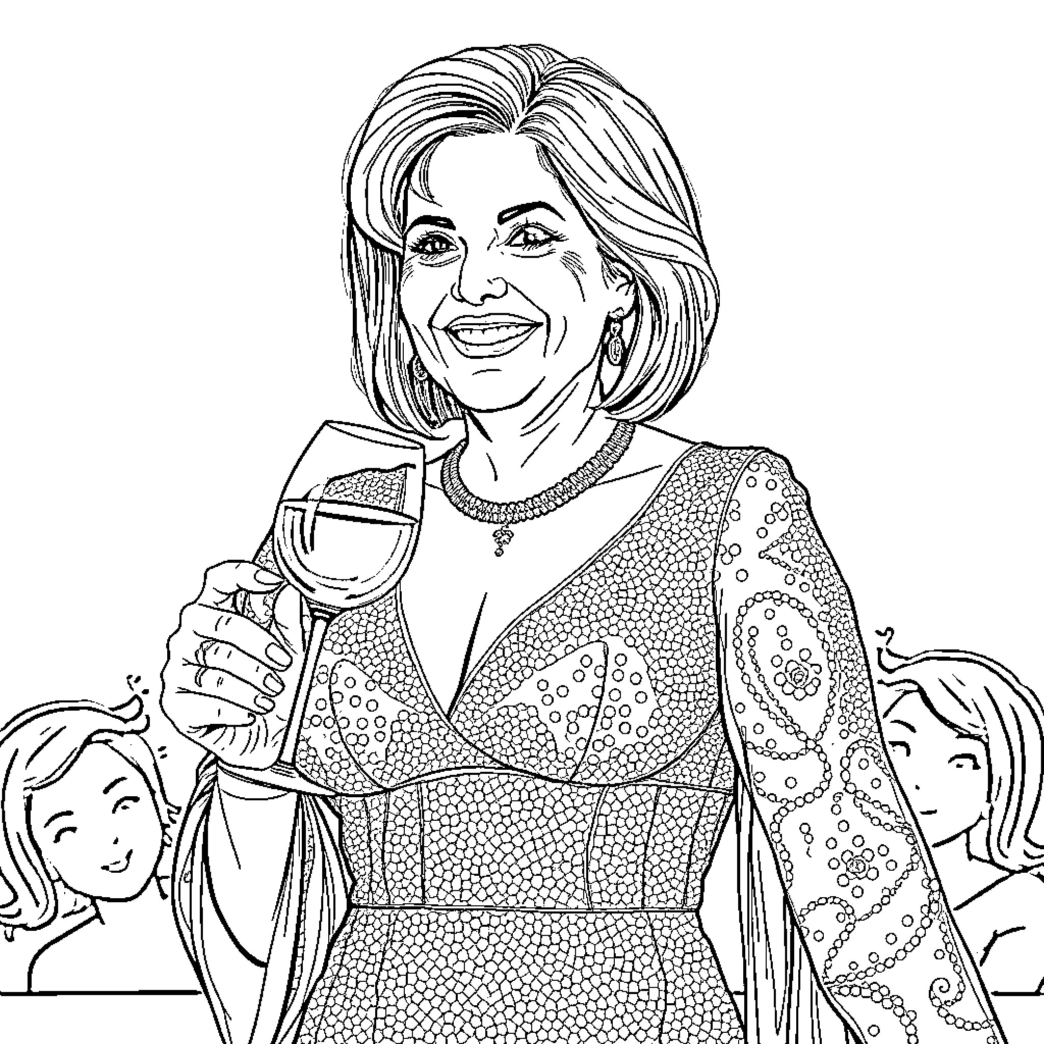 Comedian Celebrating with Drink Among Friends Coloring Page (free black-and-white line drawing printable PDF for all, from beginners to advanced learners, including children, teens, adults, and seniors)