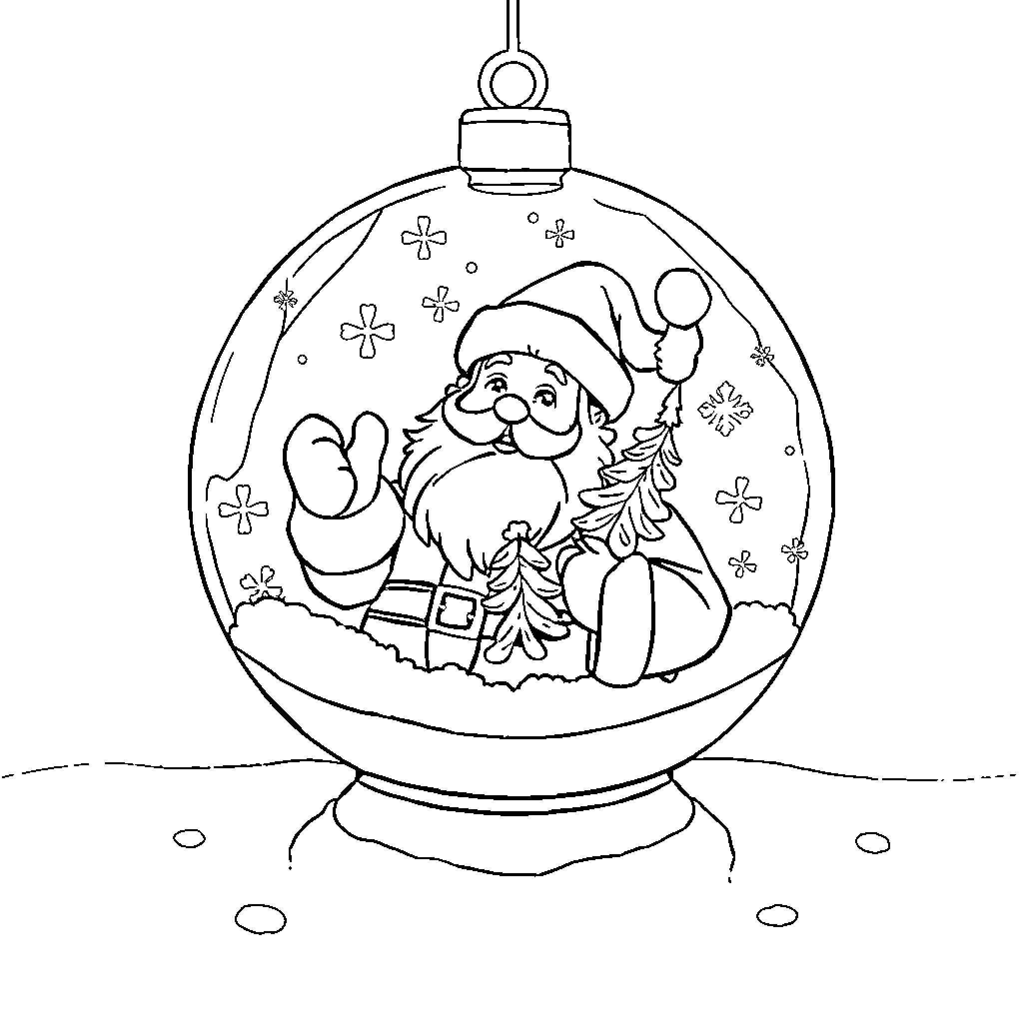 Boule de Noël with Santa Claus and Christmas tree Coloring Page (free black-and-white line drawing printable PDF for all, from beginners to advanced learners, including children, teens, adults, and seniors)
