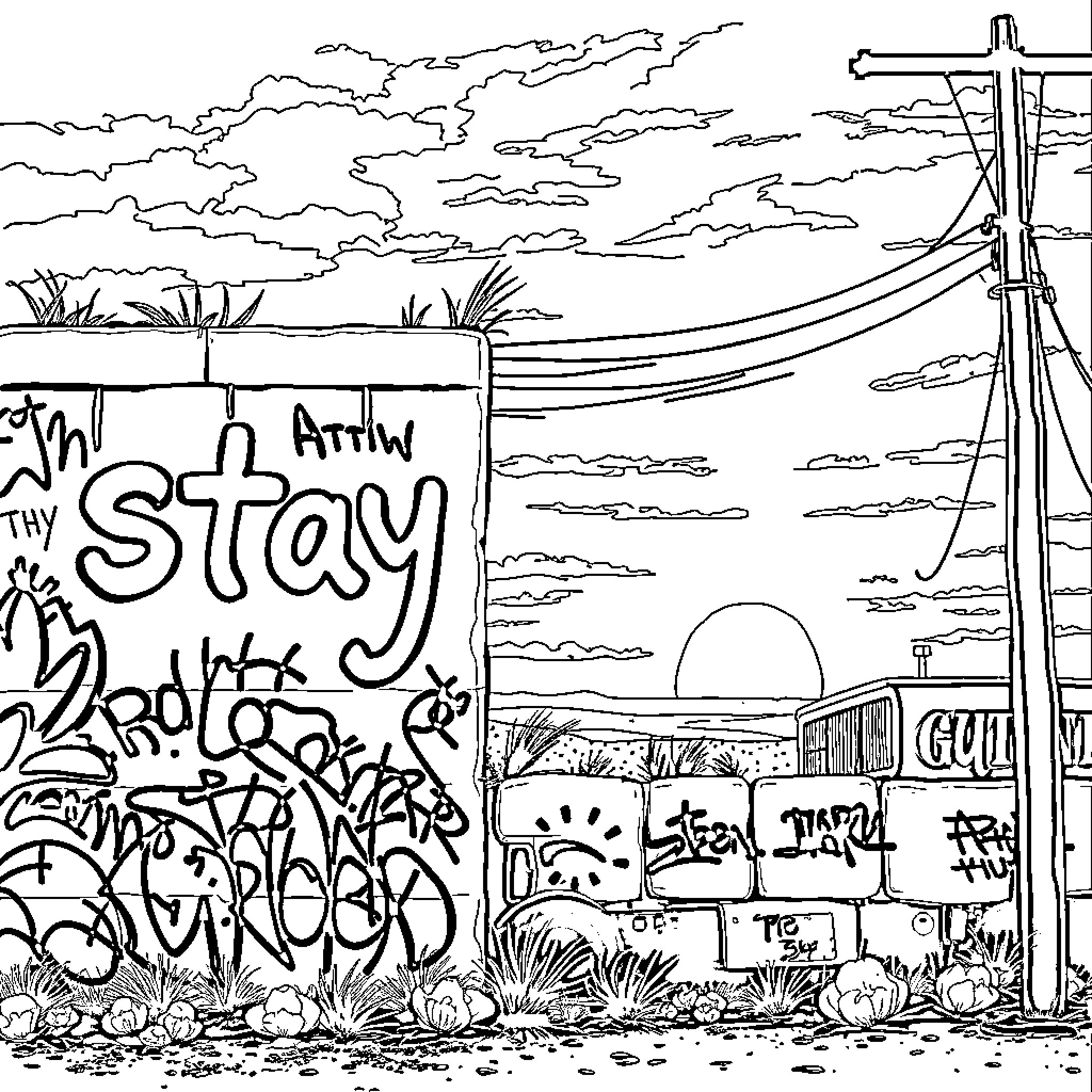 Outsider's Call for Stay in Graffiti-Covered Landscape Coloring Page (free black-and-white line drawing printable PDF for all, from beginners to advanced learners, including children, teens, adults, and seniors)