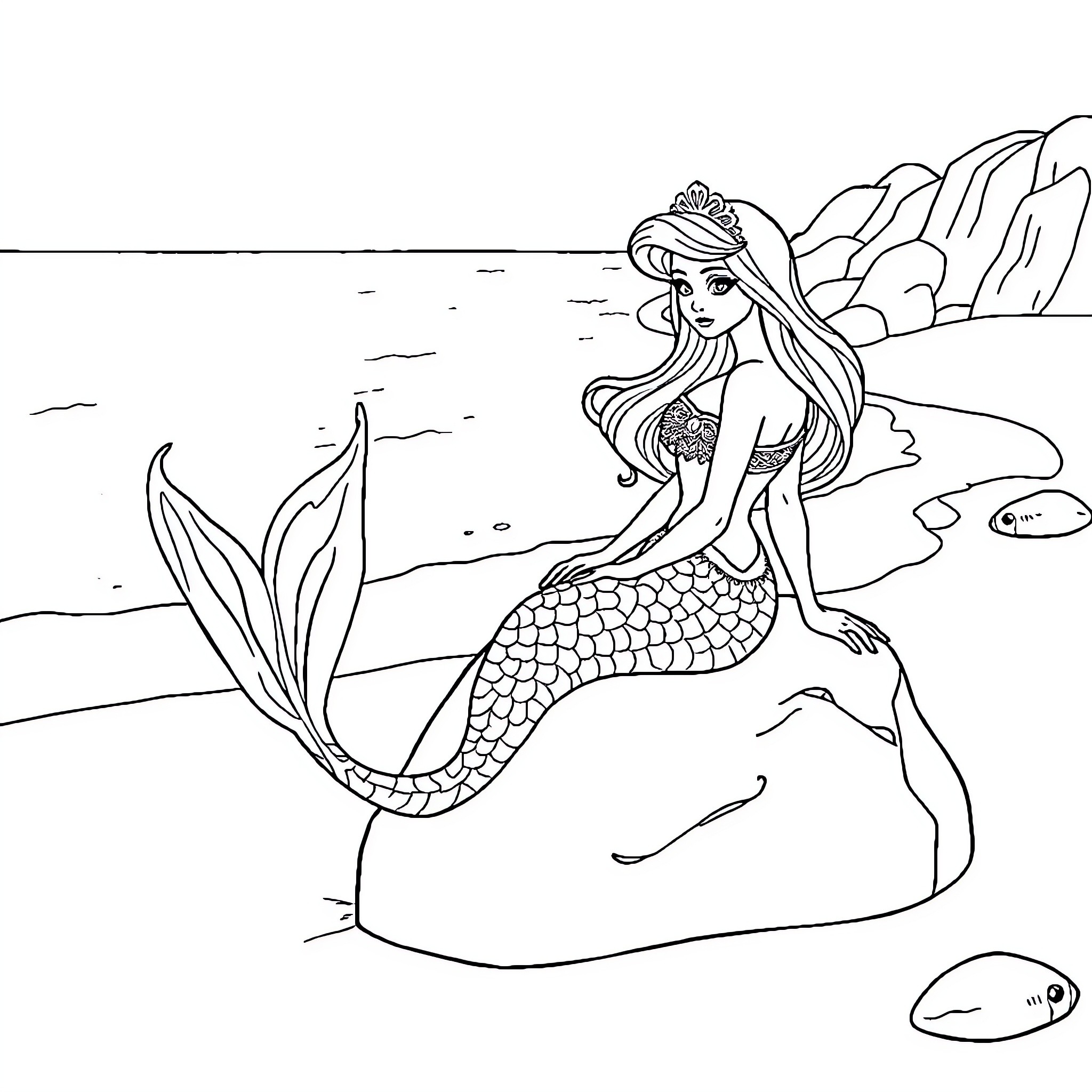 Mermaid resting on a rock by the shore Coloring Page (free black-and-white line drawing printable PDF for all, from beginners to advanced learners, including children, teens, adults, and seniors)