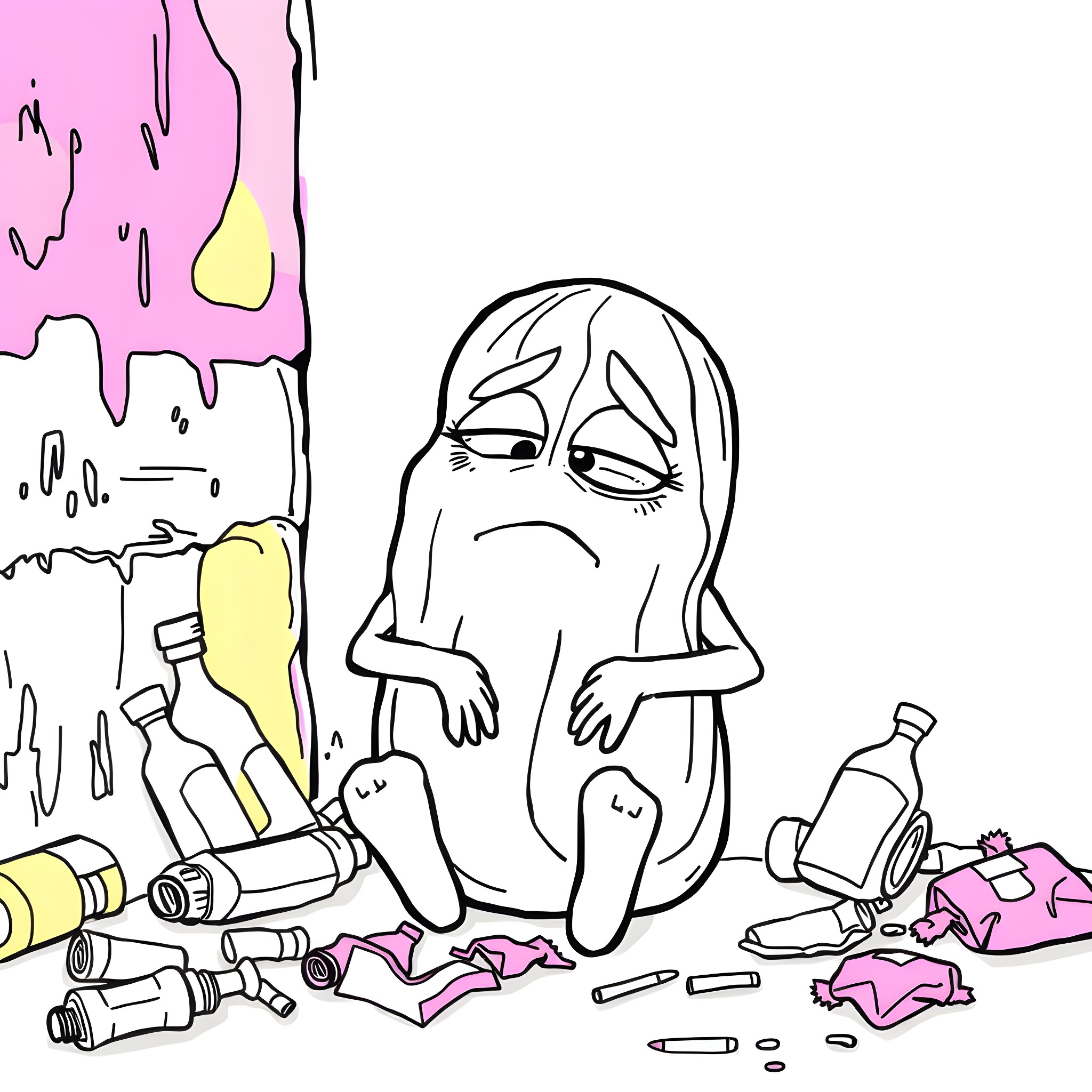 Pickle character in a messy, cluttered environment Coloring Page (free black-and-white line drawing printable PDF for all, from beginners to advanced learners, including children, teens, adults, and seniors)
