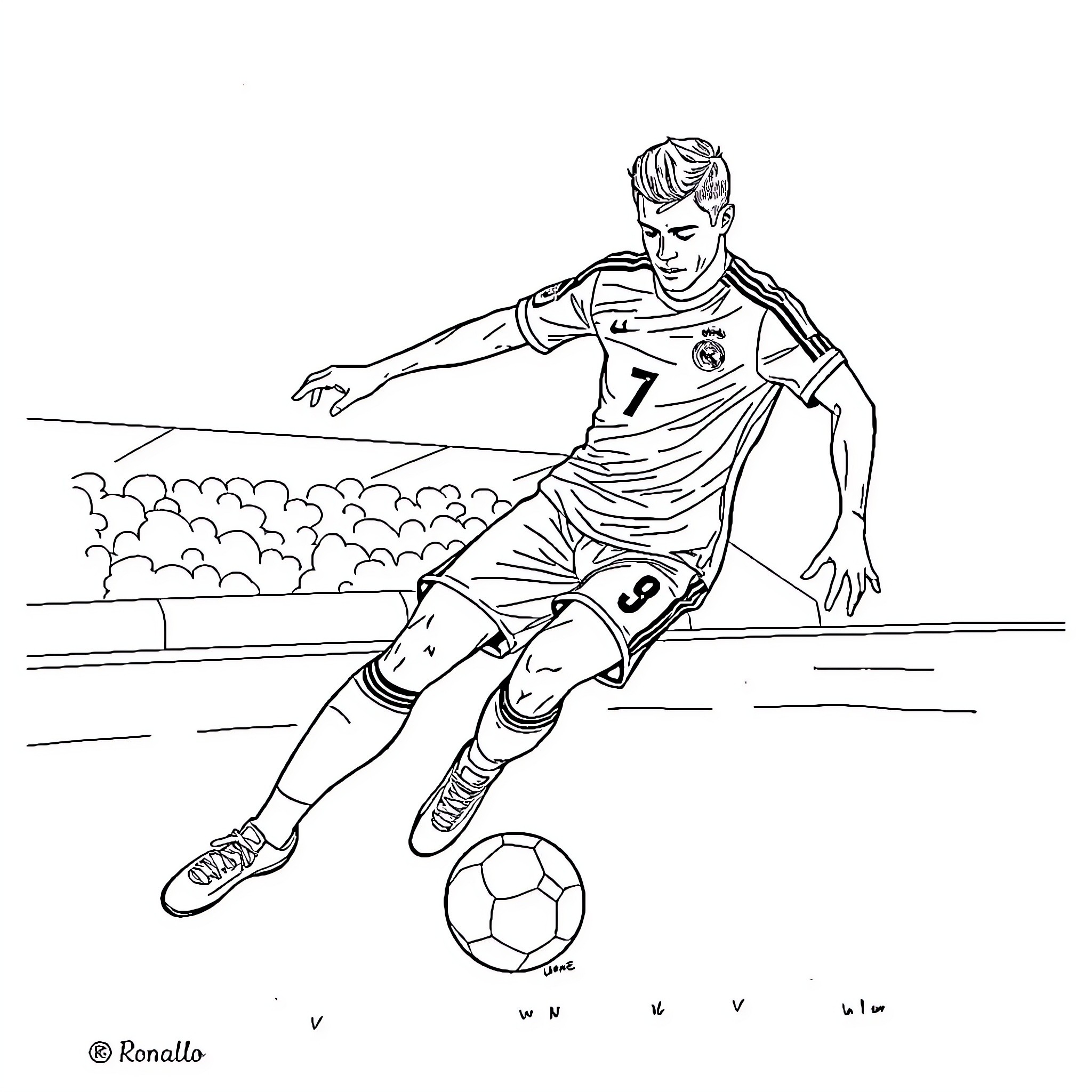 Ronaldo playing soccer in the stadium Coloring Page (free black-and-white line drawing printable PDF for all, from beginners to advanced learners, including children, teens, adults, and seniors)