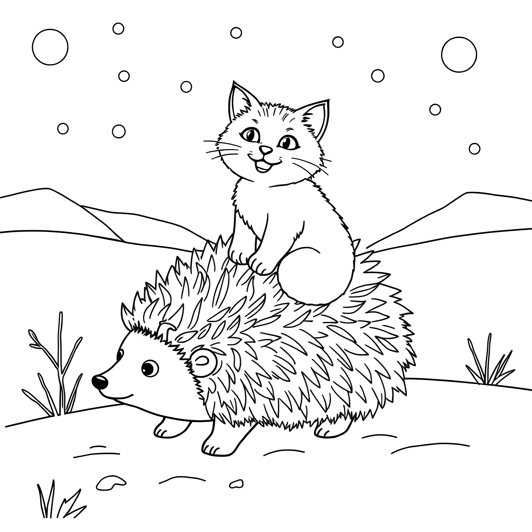 Cat and Hedgehog in Snowy Landscape Coloring Page (free black-and-white line drawing printable PDF for all, from beginners to advanced learners, including children, teens, adults, and seniors)
