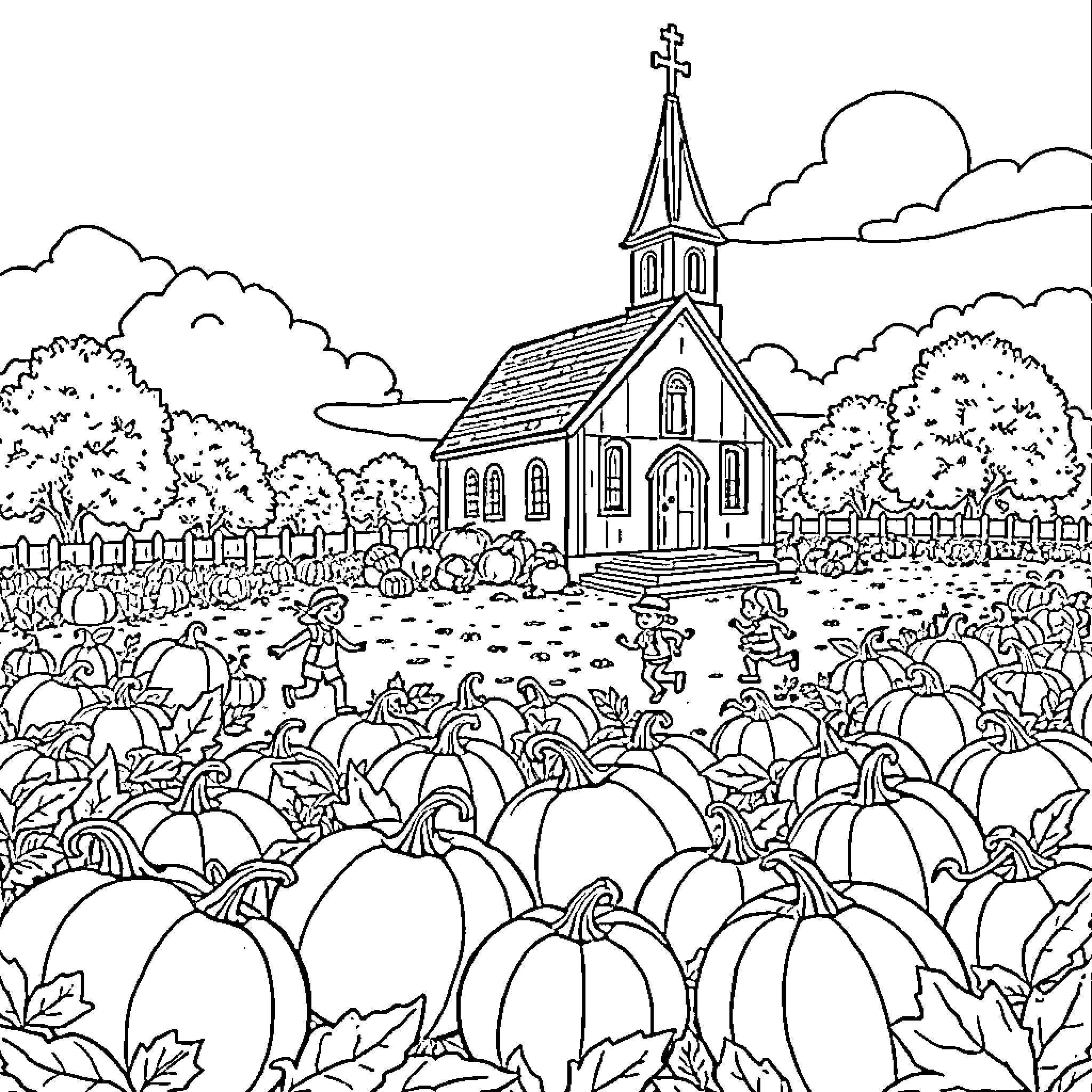 Pumpkin Patch Celebration by the Church Coloring Page (free black-and-white line drawing printable PDF for all, from beginners to advanced learners, including children, teens, adults, and seniors)