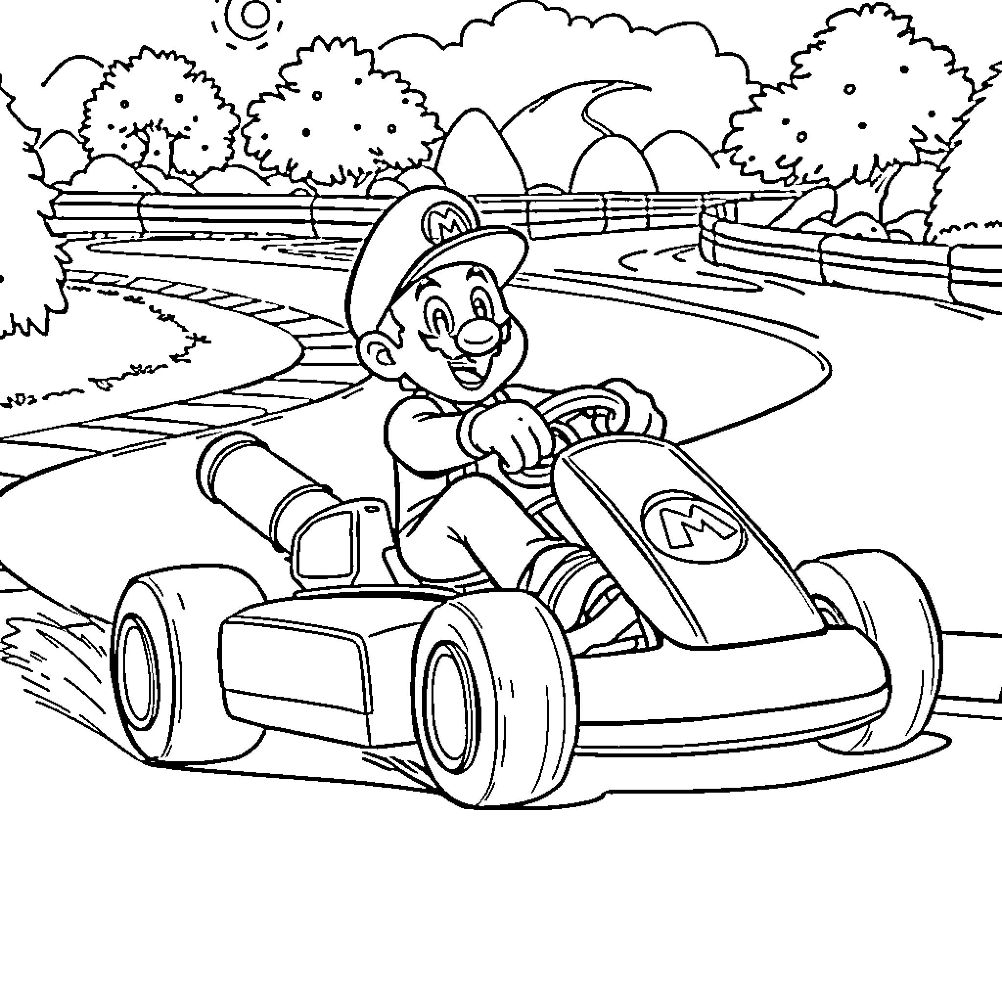 Finn's Racing Adventure on the Winding Road Coloring Page (free black-and-white line drawing printable PDF for all, from beginners to advanced learners, including children, teens, adults, and seniors)
