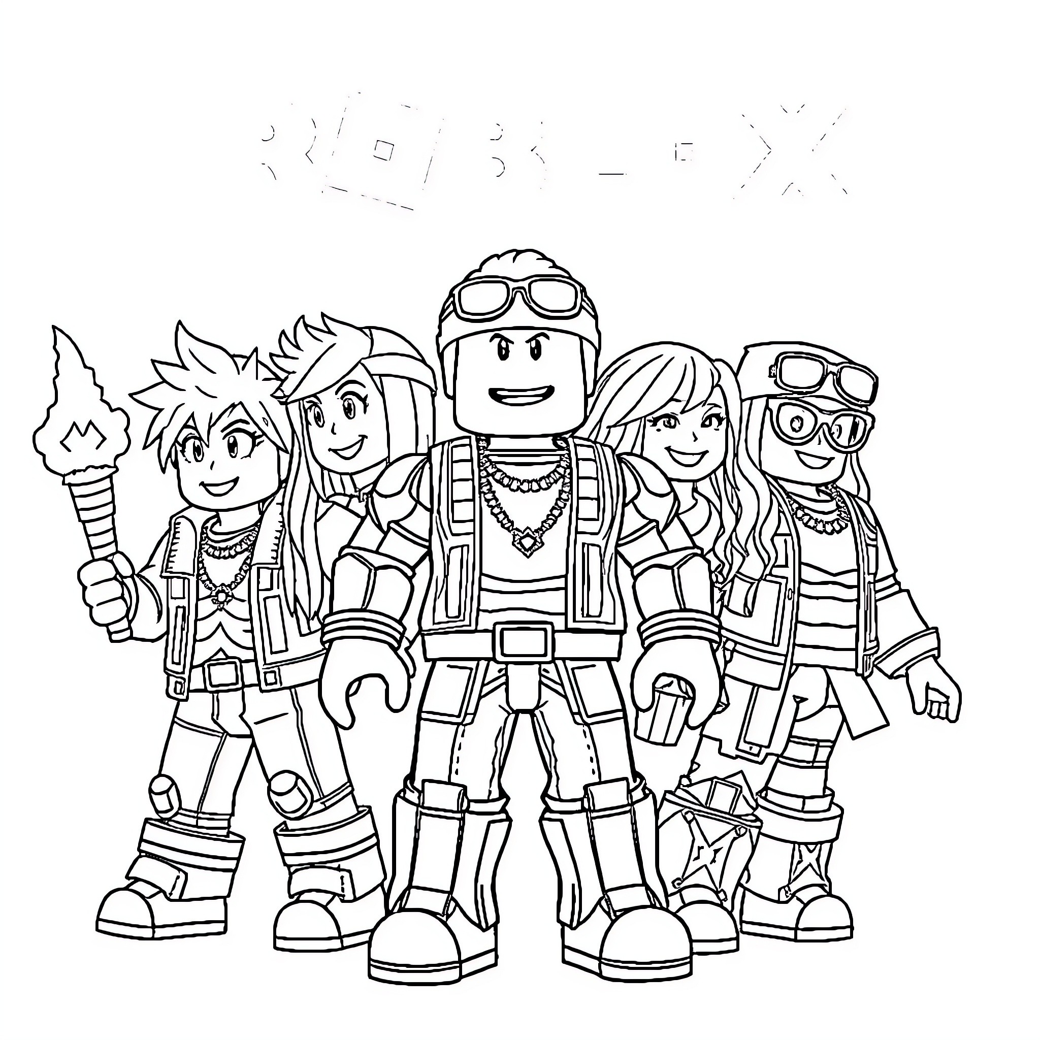 Roblox characters in adventurous outfits Coloring Page (free black-and-white line drawing printable PDF for all, from beginners to advanced learners, including children, teens, adults, and seniors)