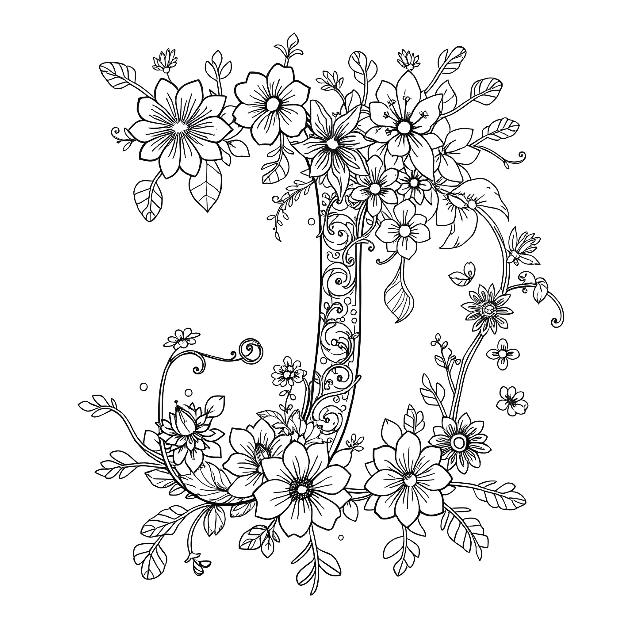 Letter J Blooming with Intricate Floral Designs Coloring Page (free black-and-white line drawing printable PDF for all, from beginners to advanced learners, including children, teens, adults, and seniors)