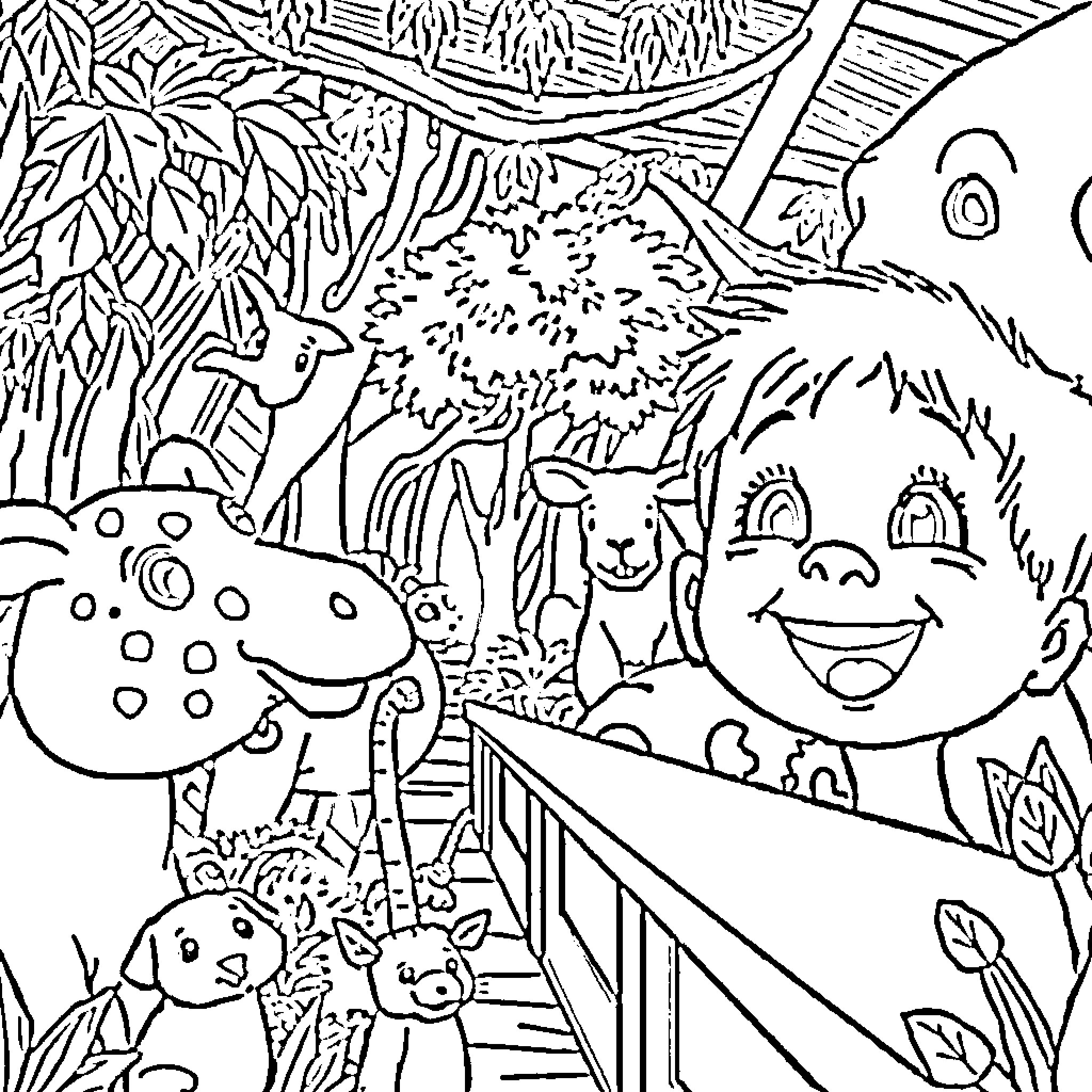 Kid's Adventure in the Enchanting Forest Coloring Page (free black-and-white line drawing printable PDF for all, from beginners to advanced learners, including children, teens, adults, and seniors)