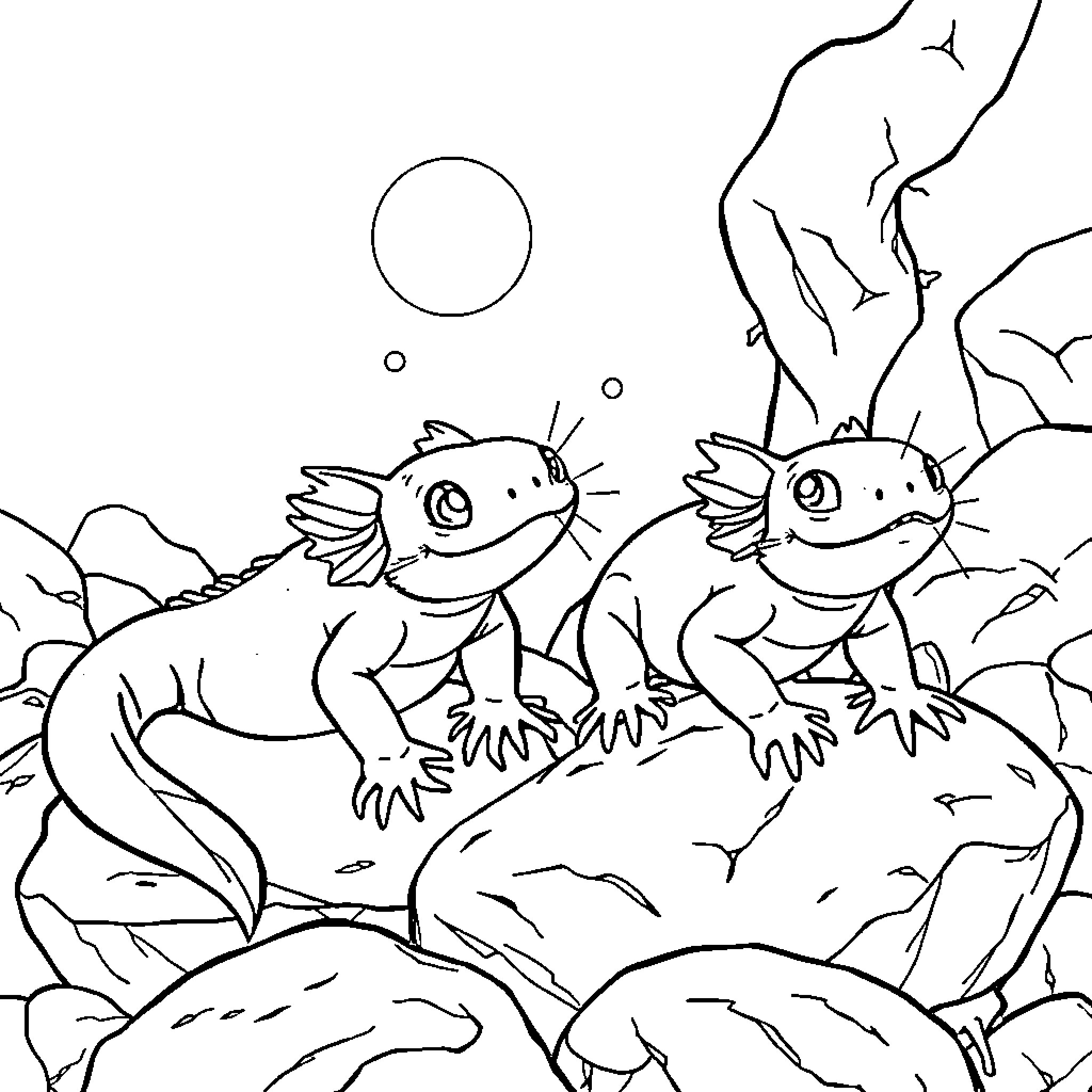 Axolotl companions explore underwater world Coloring Page (free black-and-white line drawing printable PDF for all, from beginners to advanced learners, including children, teens, adults, and seniors)