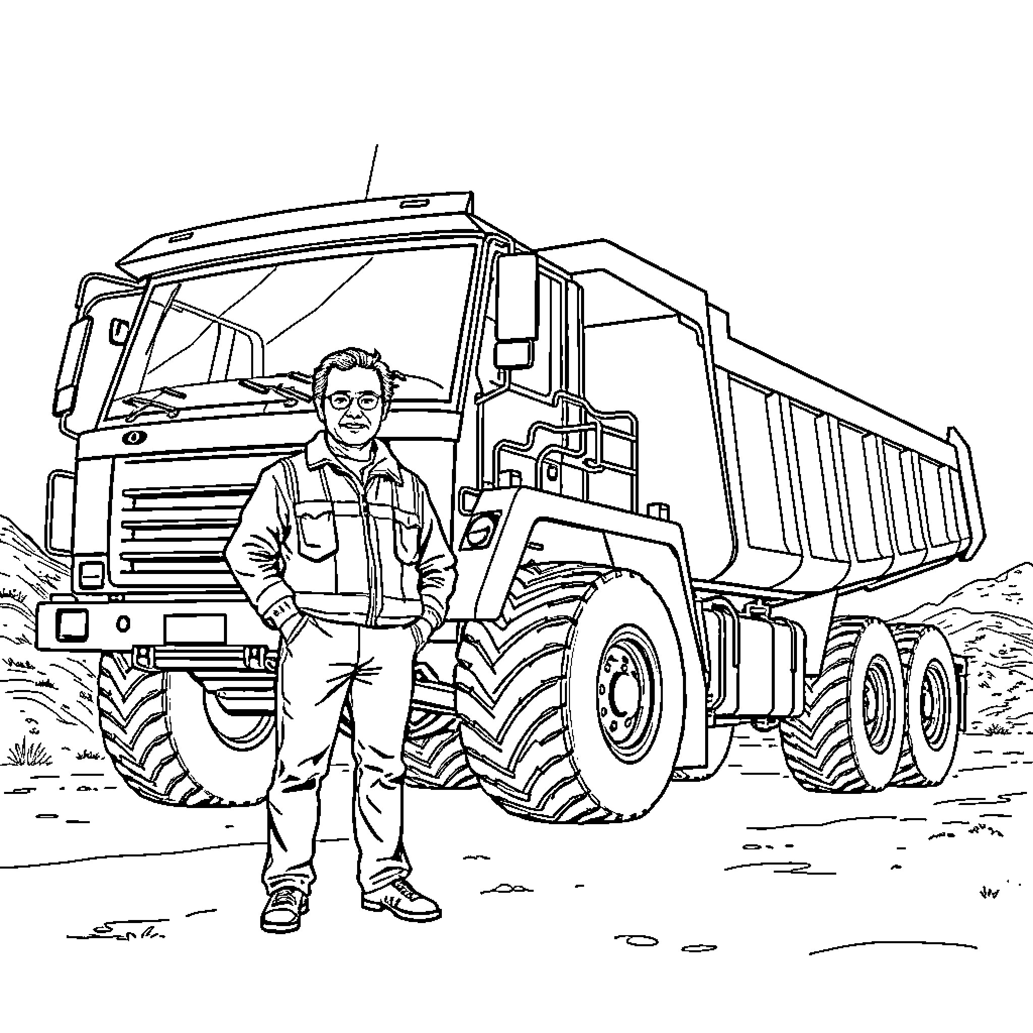 Benne Operating Heavy Dump Truck on Construction Site Coloring Page (free black-and-white line drawing printable PDF for all, from beginners to advanced learners, including children, teens, adults, and seniors)