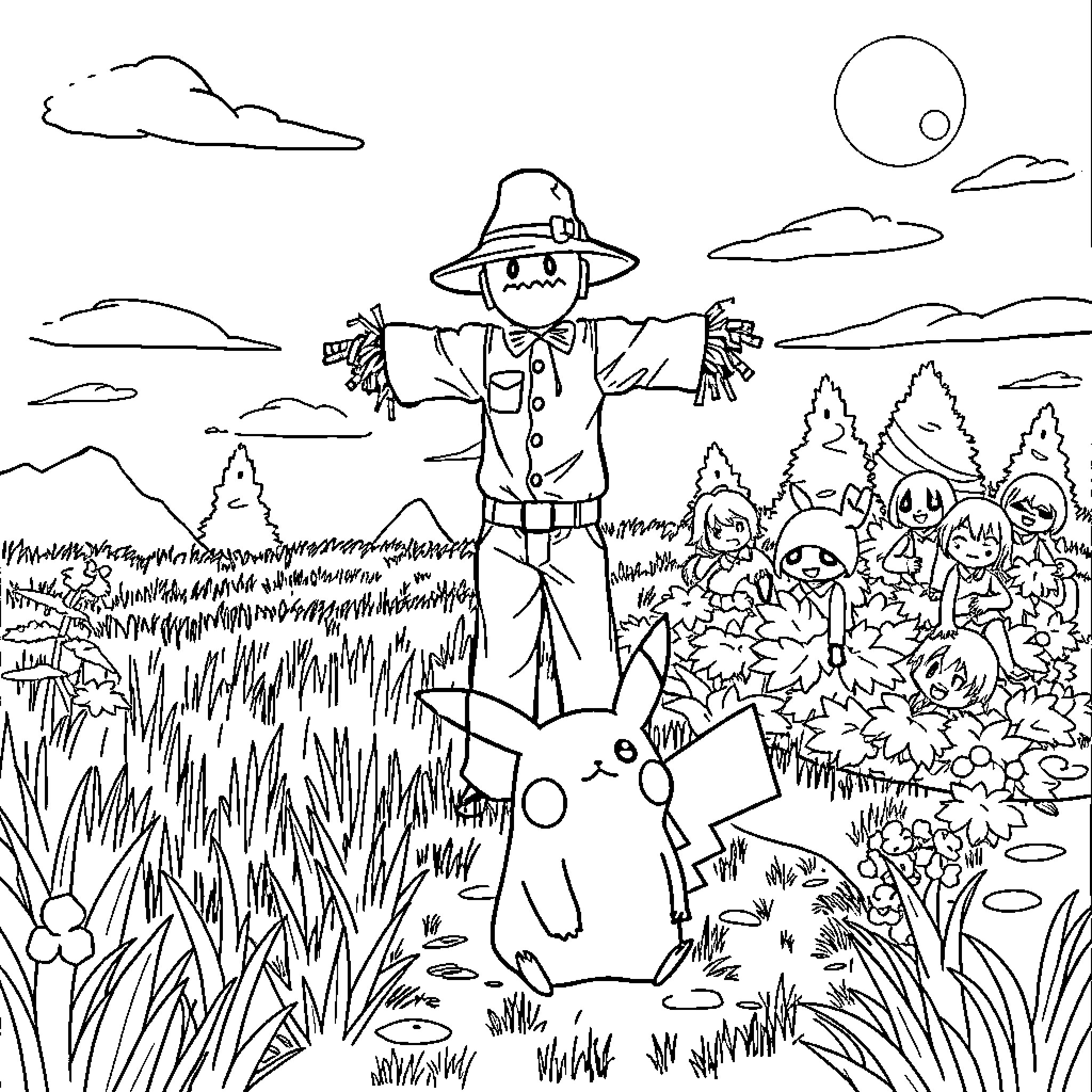 Scarecrow standing amidst nature's wonders Coloring Page (free black-and-white line drawing printable PDF for all, from beginners to advanced learners, including children, teens, adults, and seniors)