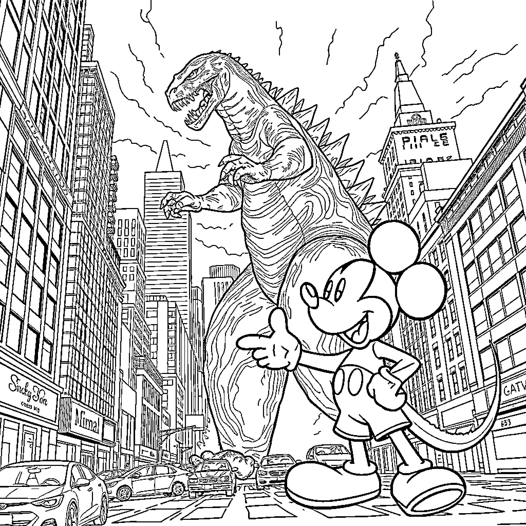 Godzilla battles Mickey Mouse in the city Coloring Page (free black-and-white line drawing printable PDF for all, from beginners to advanced learners, including children, teens, adults, and seniors)