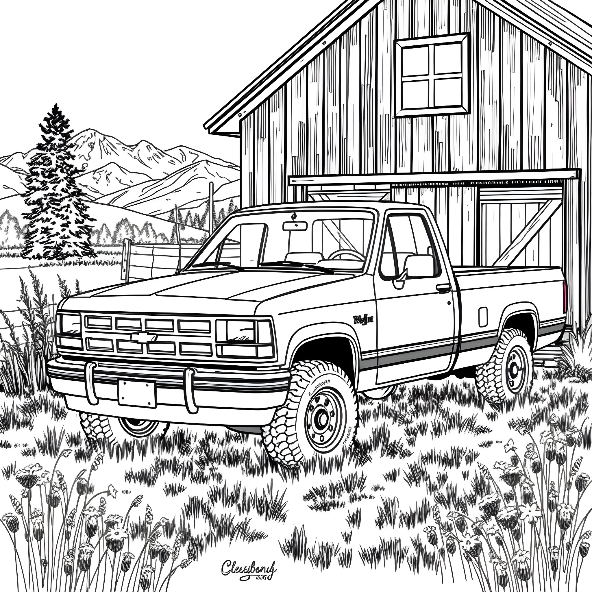 Pickup truck exploring the mountain landscape Coloring Page (free black-and-white line drawing printable PDF for all, from beginners to advanced learners, including children, teens, adults, and seniors)
